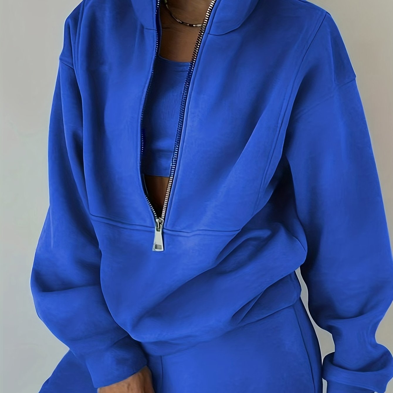 Casual Matching Two-piece Set, Zip Up Sweatshirt & Solid Sweatpants Outfits, Women's Clothing