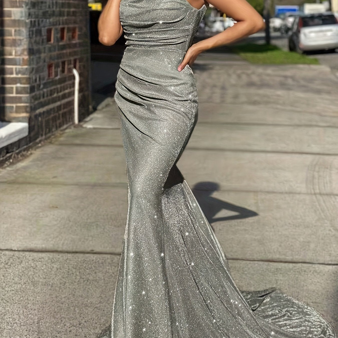 gbolsos Glitter Sequin Slip Sleeveless Backless Maxi Dress, Slim Elegant Ruffled Cocktail Party Guest Evening Gown Mermaid Dress, Women's Clothing