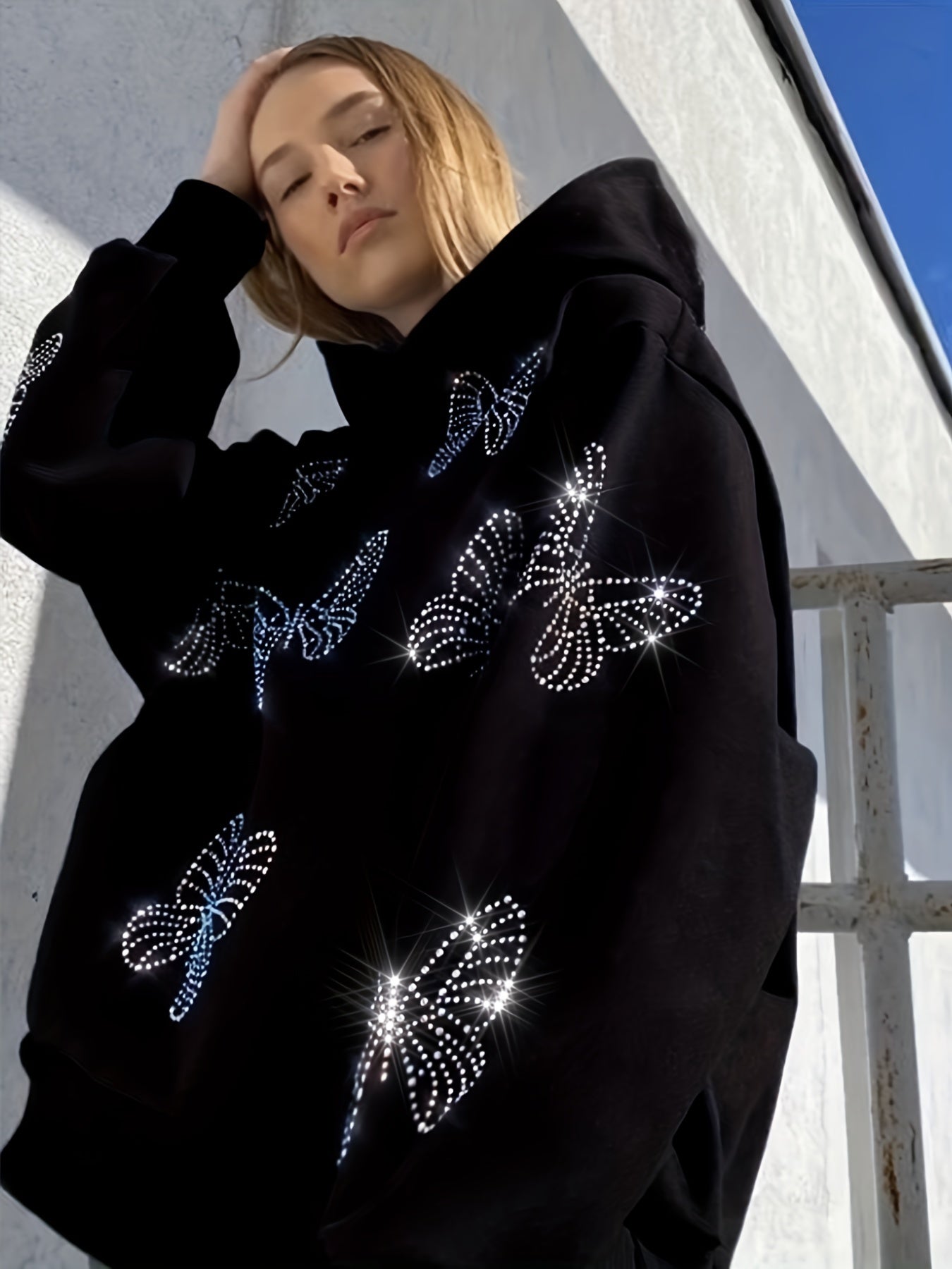 gbolsos Rhinestone Butterfly Hoodie, Casual Long Sleeve Loose Hoodies Sweatshirt, Women's Clothing