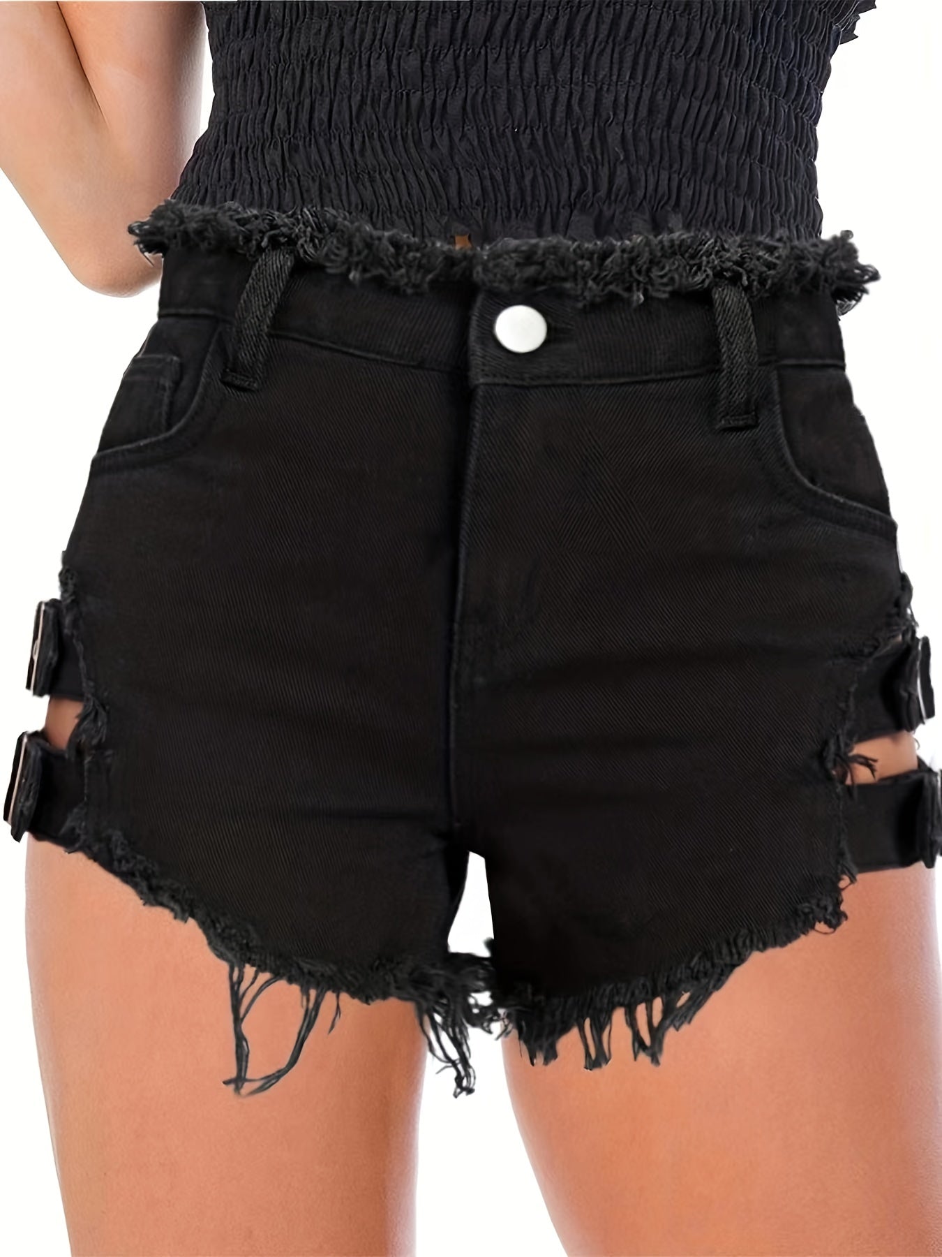gbolsosBlack Ripped Holes Denim Shorts, Raw Hem Distressed Slash Pockets Short Denim Pants, Women's Denim Jeans & Clothing