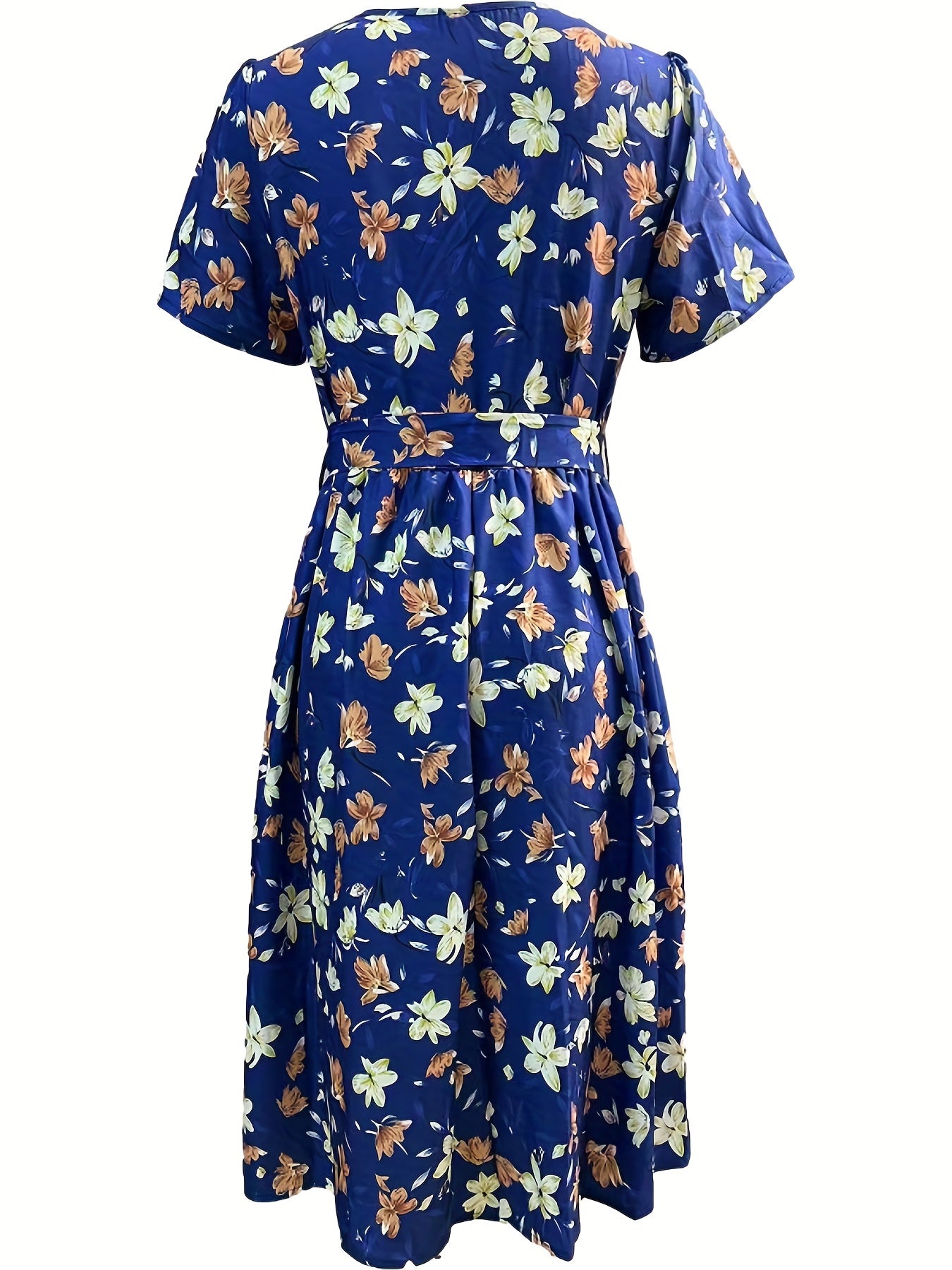 gbolsos Floral Print V Neck Dress, Elegant Knot Pleated Short Sleeve Dress, Women's Clothing