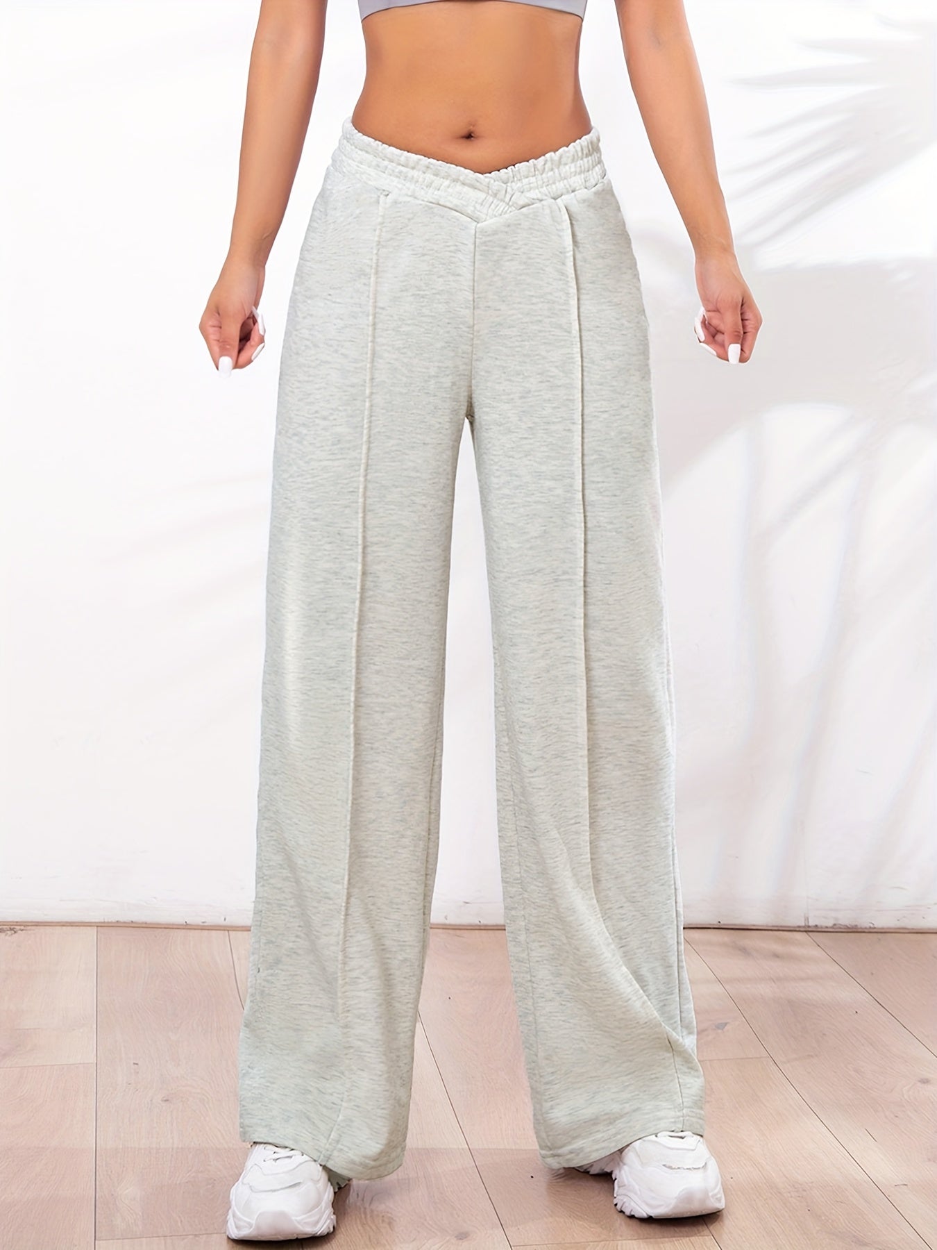 Solid Straight Leg Pants, Casual Asymmetrical Elastic Waist Pants For Spring & Fall, Women's Clothing
