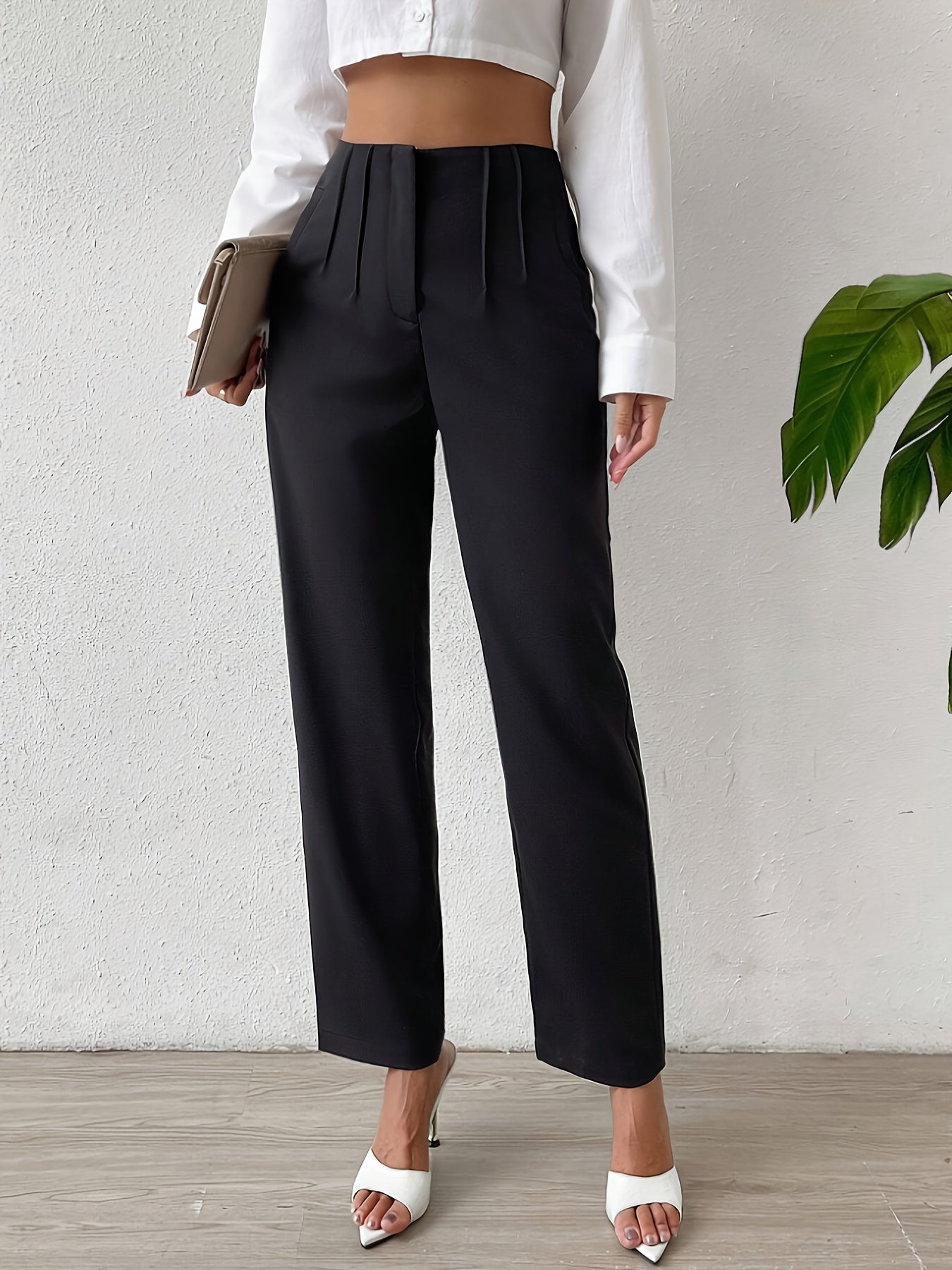 Solid Color Straight Leg Pants, Casual Skinny Ruched High Waist Pants For Spring & Summer, Women's Clothing