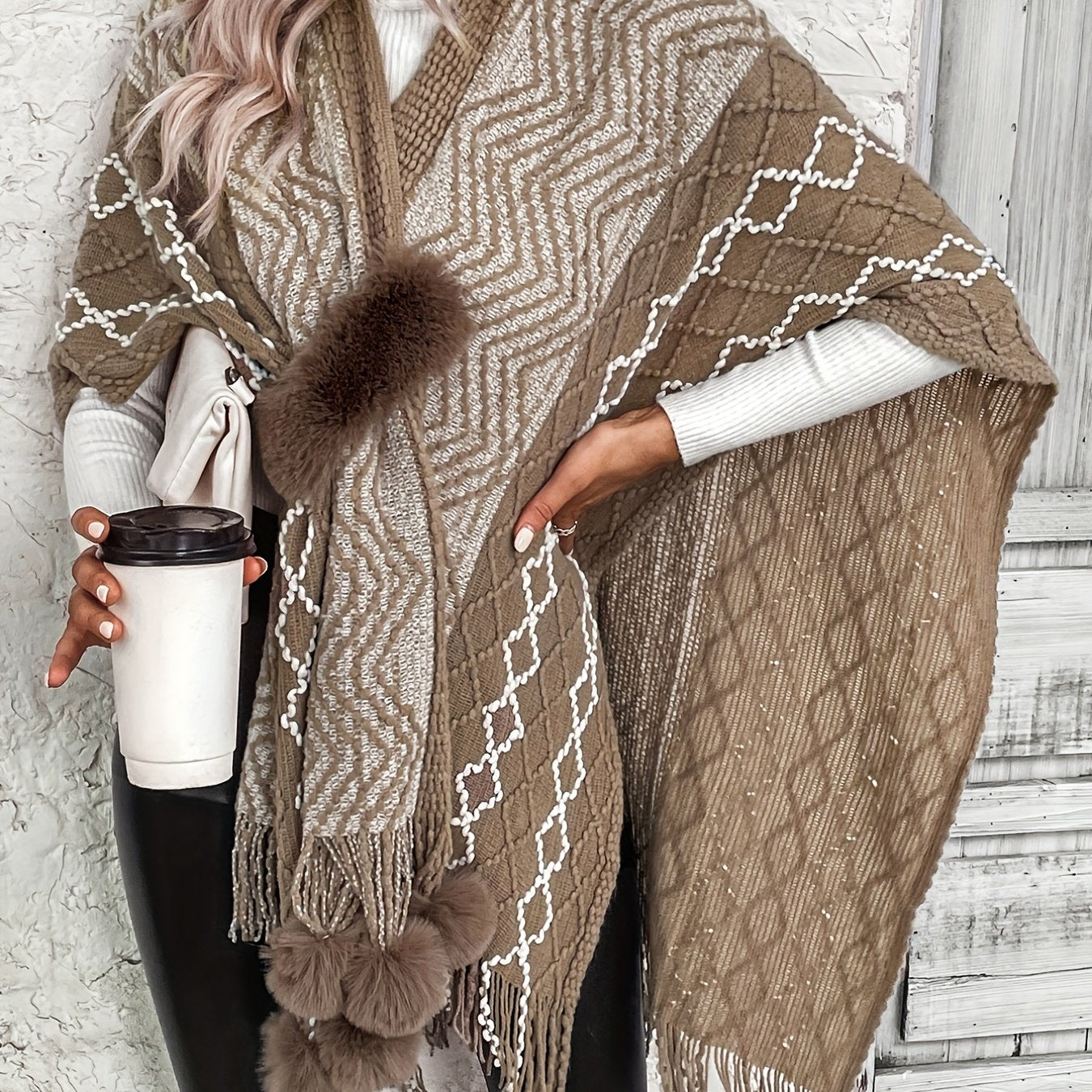 gbolsos Open Front Pom & Fringe Hem Cardigan, Cape Sleeve Cardigan For Spring & Fall, Women's Clothing
