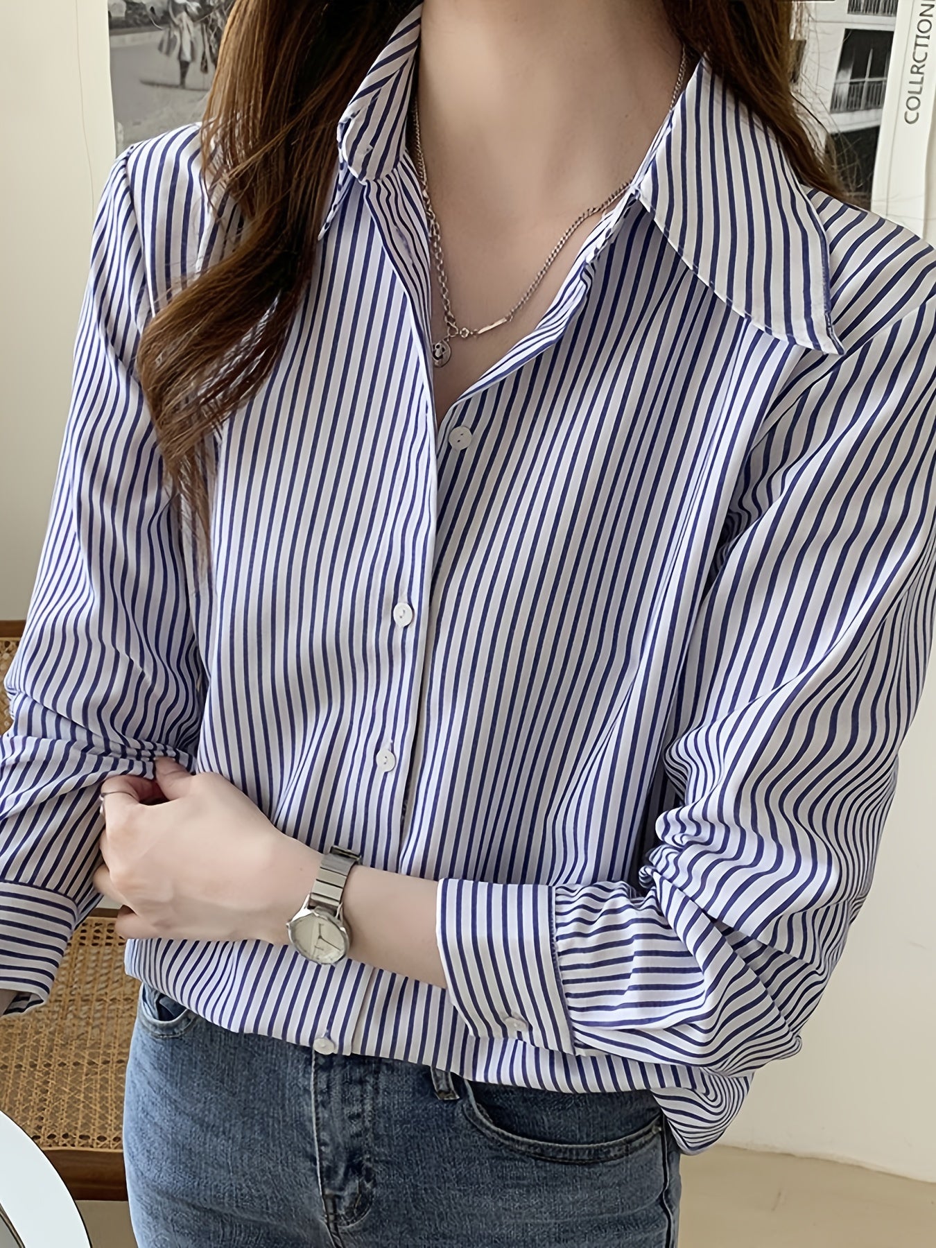 gbolsos Stripe Print Polo Collar Shirt, Casual Long Sleeve Shirt For Spring & Fall, Women's Clothing