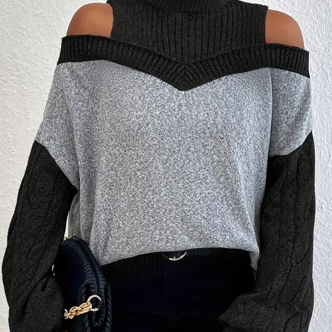 gbolsos Color Block Cold Shoulder Sweater, Elegant Turtleneck Lantern Sleeve Sweater, Women's Clothing