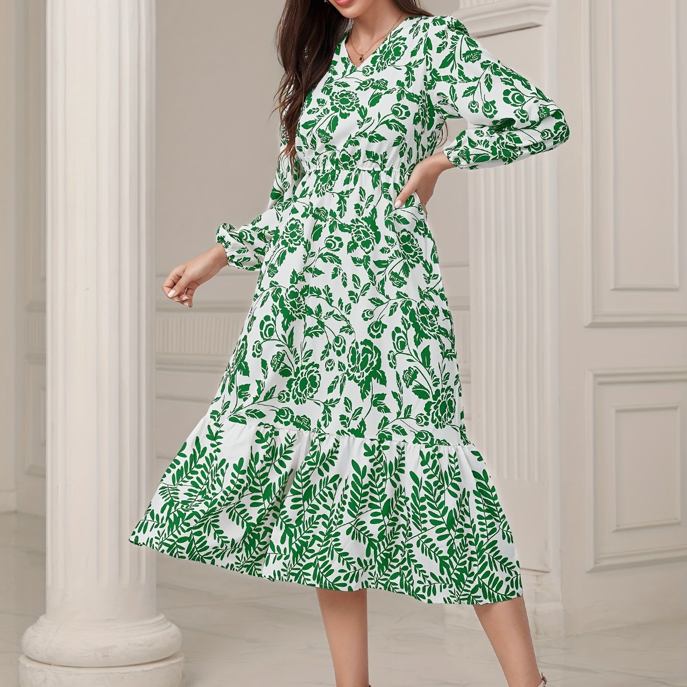 gbolsos Floral & Leaves Print V-neck Dress, Elegant Elastic Waist Long Sleeve Dress For Spring & Fall, Women's Clothing