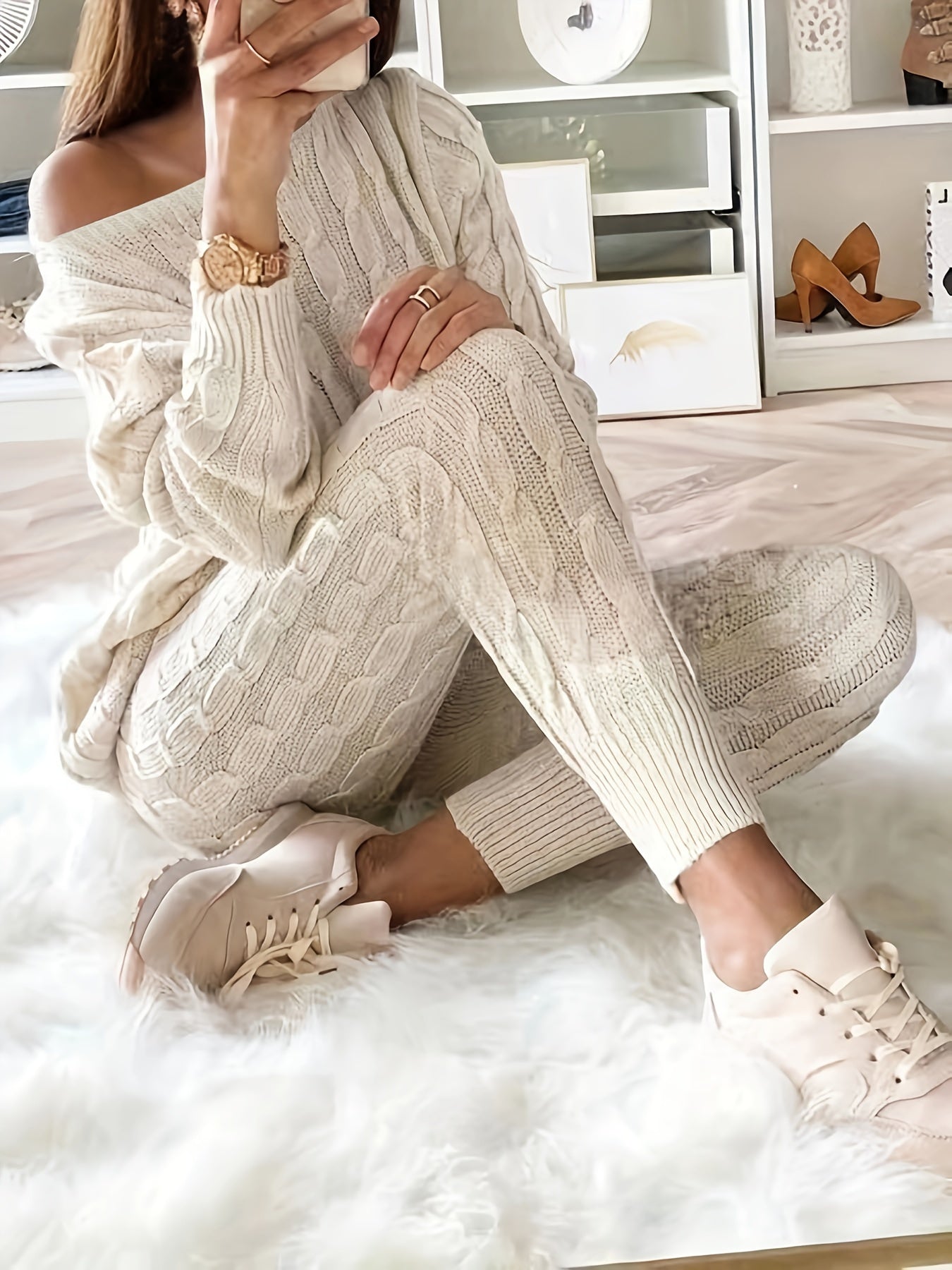 gbolsos Solid Knitted Matching Two-piece Set, Casual Long Sleeve Sweater & Pants Outfits, Women's Clothing
