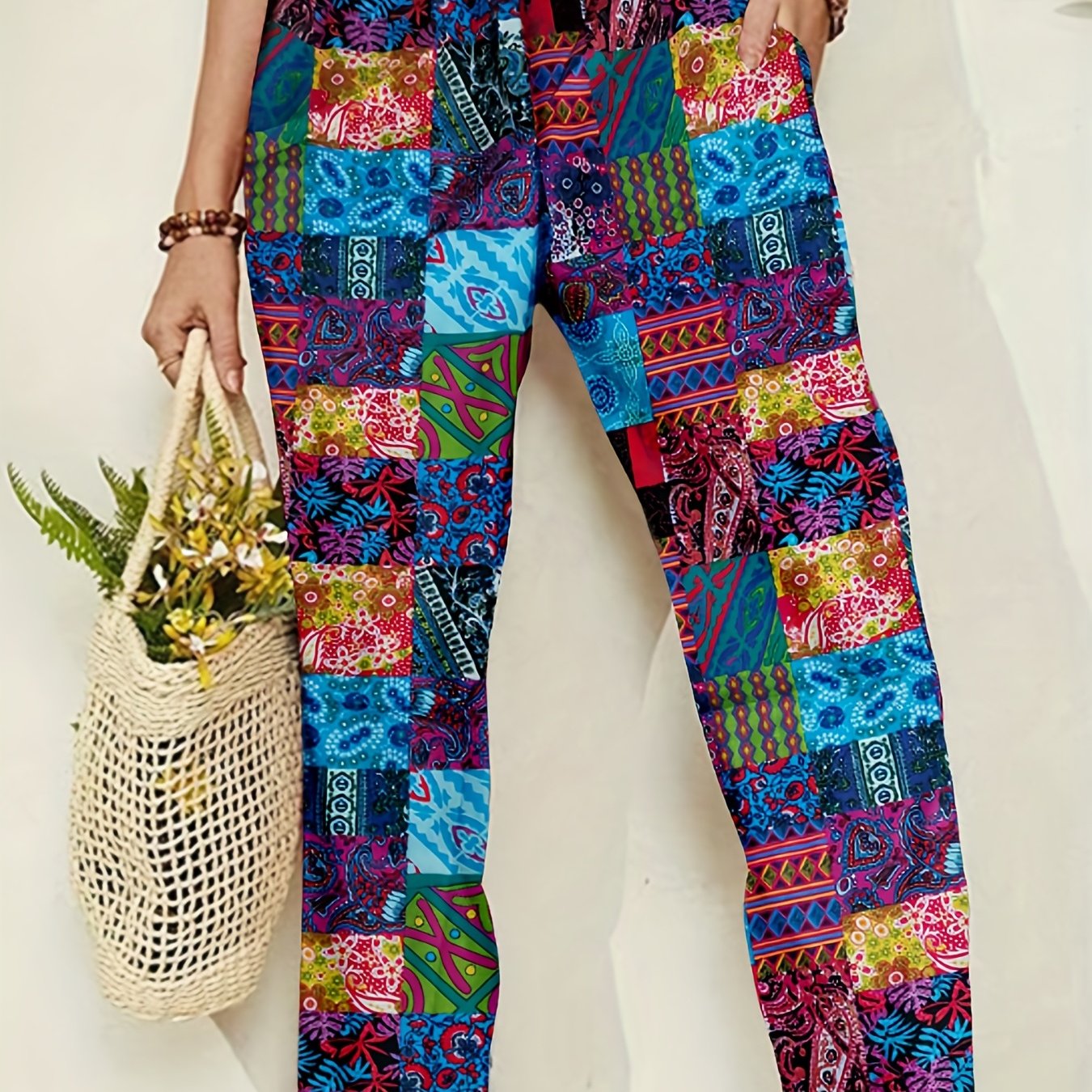 Patchwork Print Elastic Waist Pants, Casual Pants For Spring & Summer, Women's Clothing