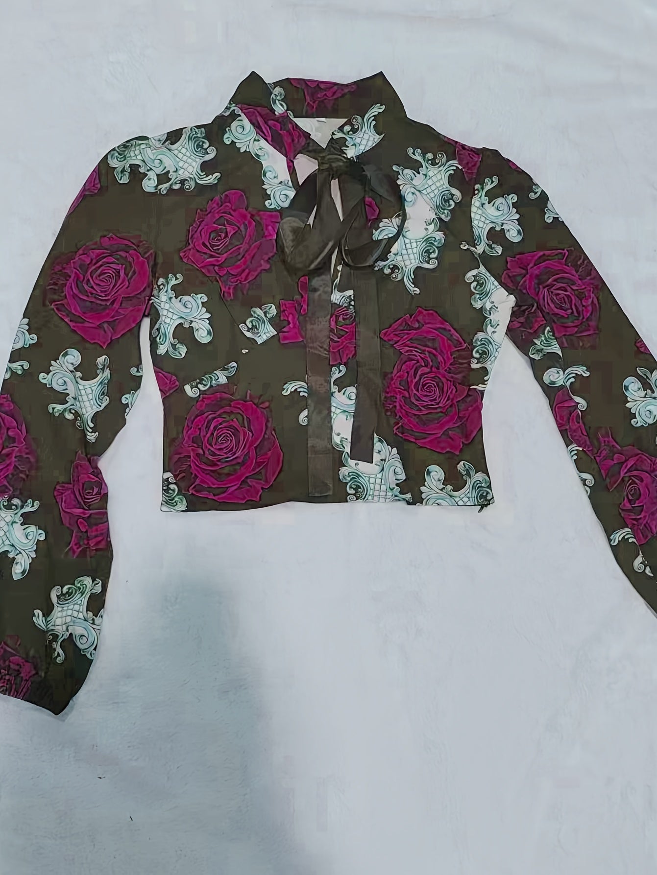 gbolsos Floral Print Bow Tie Blouse, Vintage Long Lantern Sleeve Blouse For All-season, Women's Clothing