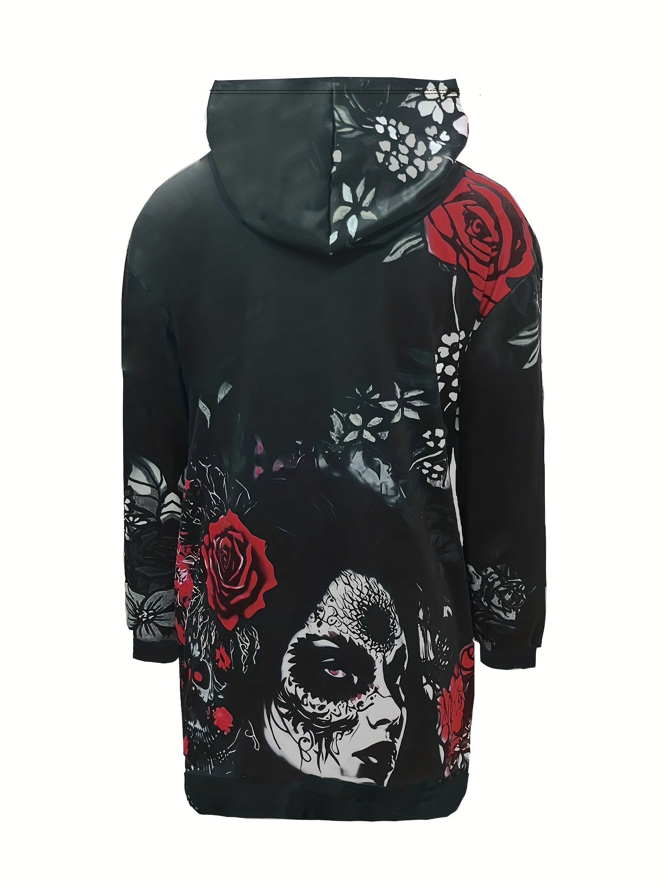 gbolsos Skull & Flower Print Dress, Gothic Hooded Long Sleeve Mini Dress With Pockets, Women's Clothing