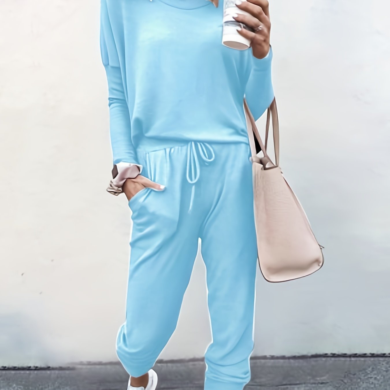 gbolsos Casual Solid Two-piece Set, Long Sleeve T-shirt & Drawstring Pants Outfits, Women's Clothing