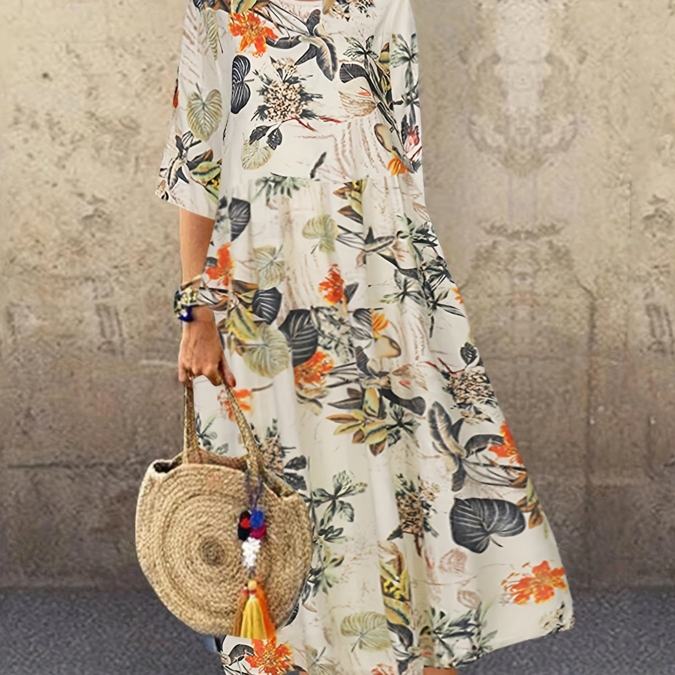 gbolsos Plus Size Casual Dress, Women's Plus Floral Print Half Sleeve Round Neck Maxi Dress