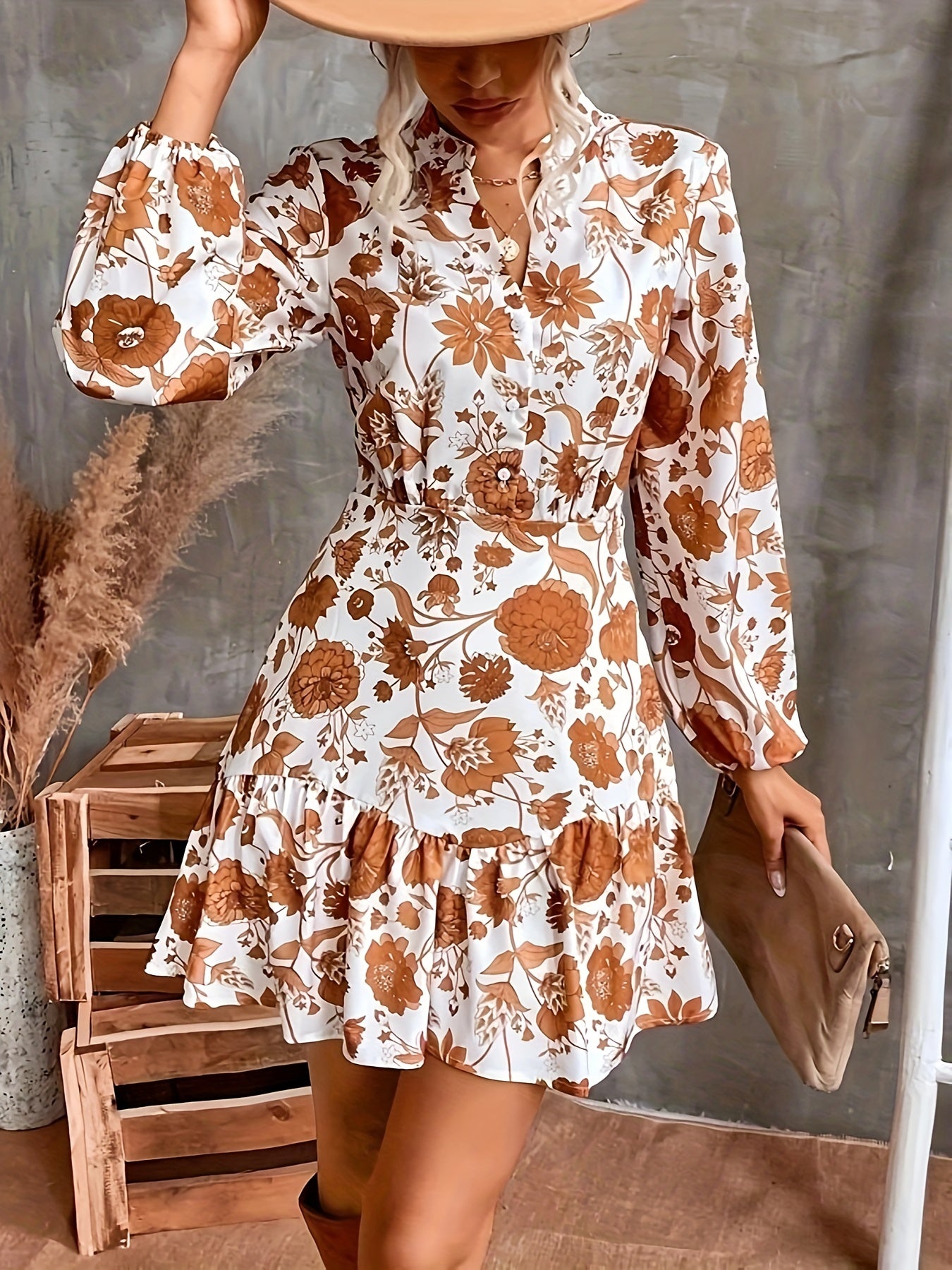 Floral Print Ruffle Hem Dress, Casual Button Front Lantern Sleeve Dress, Women's Clothing