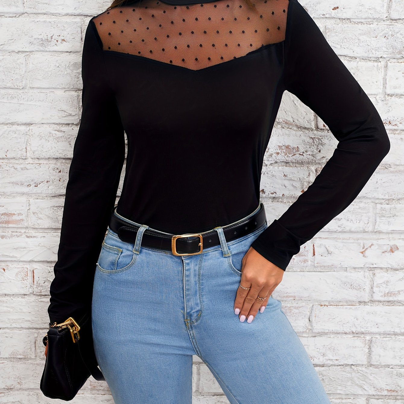 kkboxly Dot Pattern Mesh Stitching Mock Neck T-Shirt, Casual Long Sleeve Top For Spring & Fall, Women's Clothing