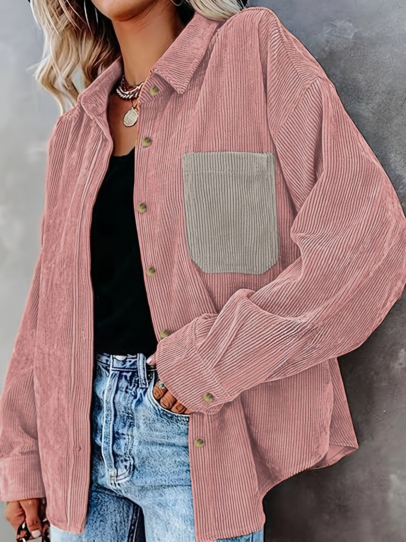 gbolsos Button Front Solid Shirt, Vintage Long Sleeve Collar Shirt, Women's Clothing