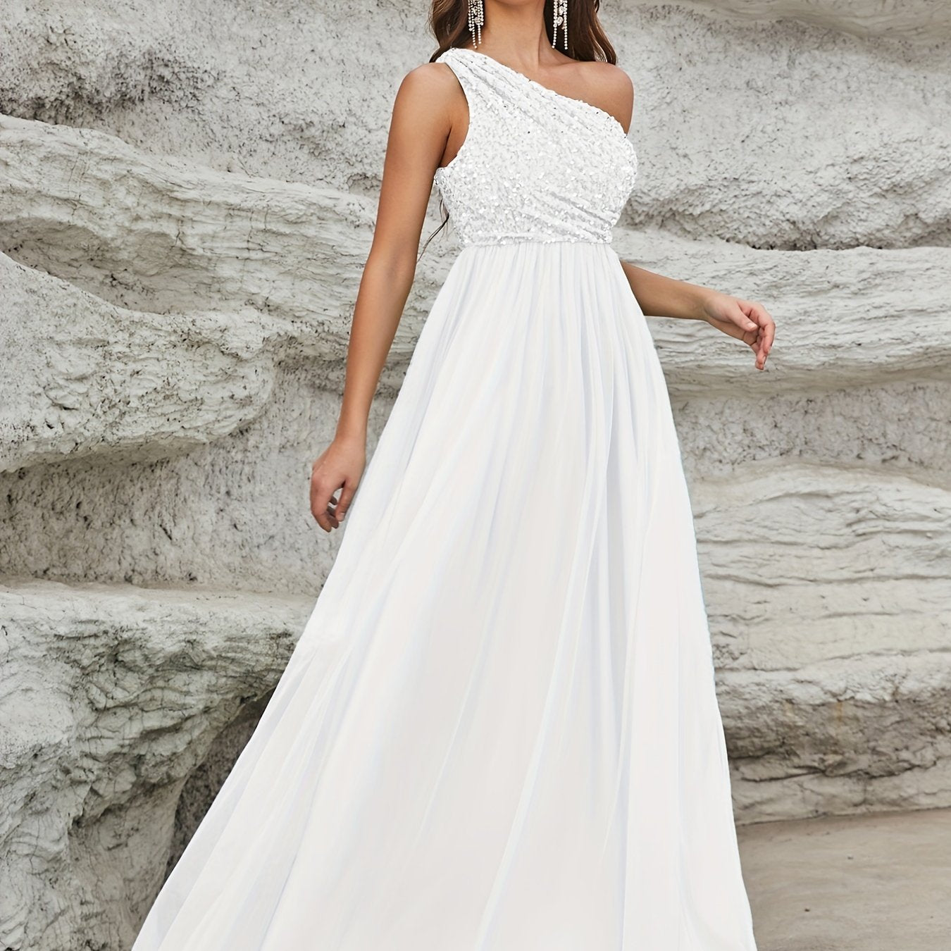 One Shoulder Sequin Dress, Elegant Sleeveless Dress For Party & Banquet, Women's Clothing