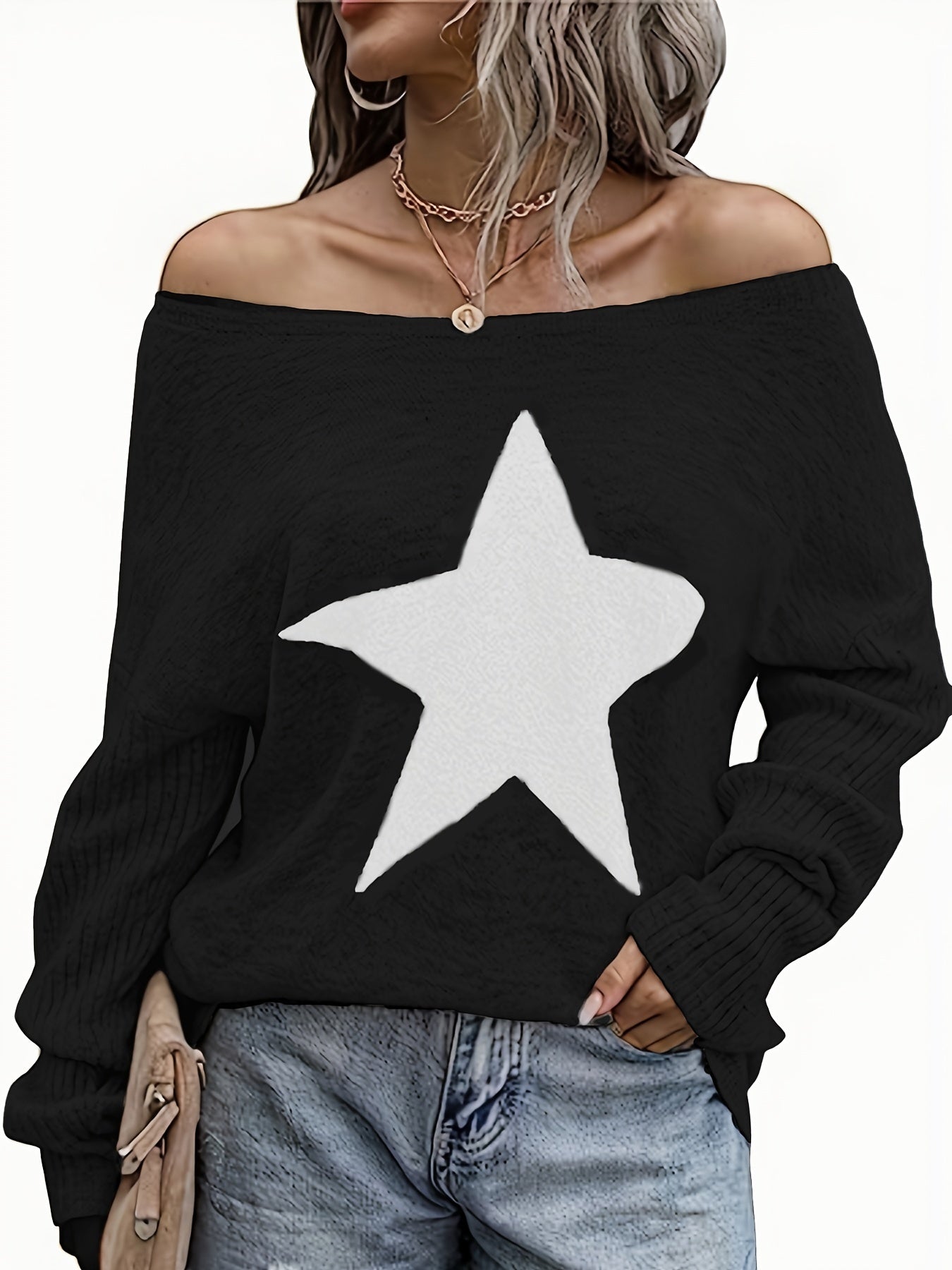 gbolsos Star Pattern Crew Neck Pullover Sweater, Casual Long Sleeve Sweater For Fall & Winter, Women's Clothing