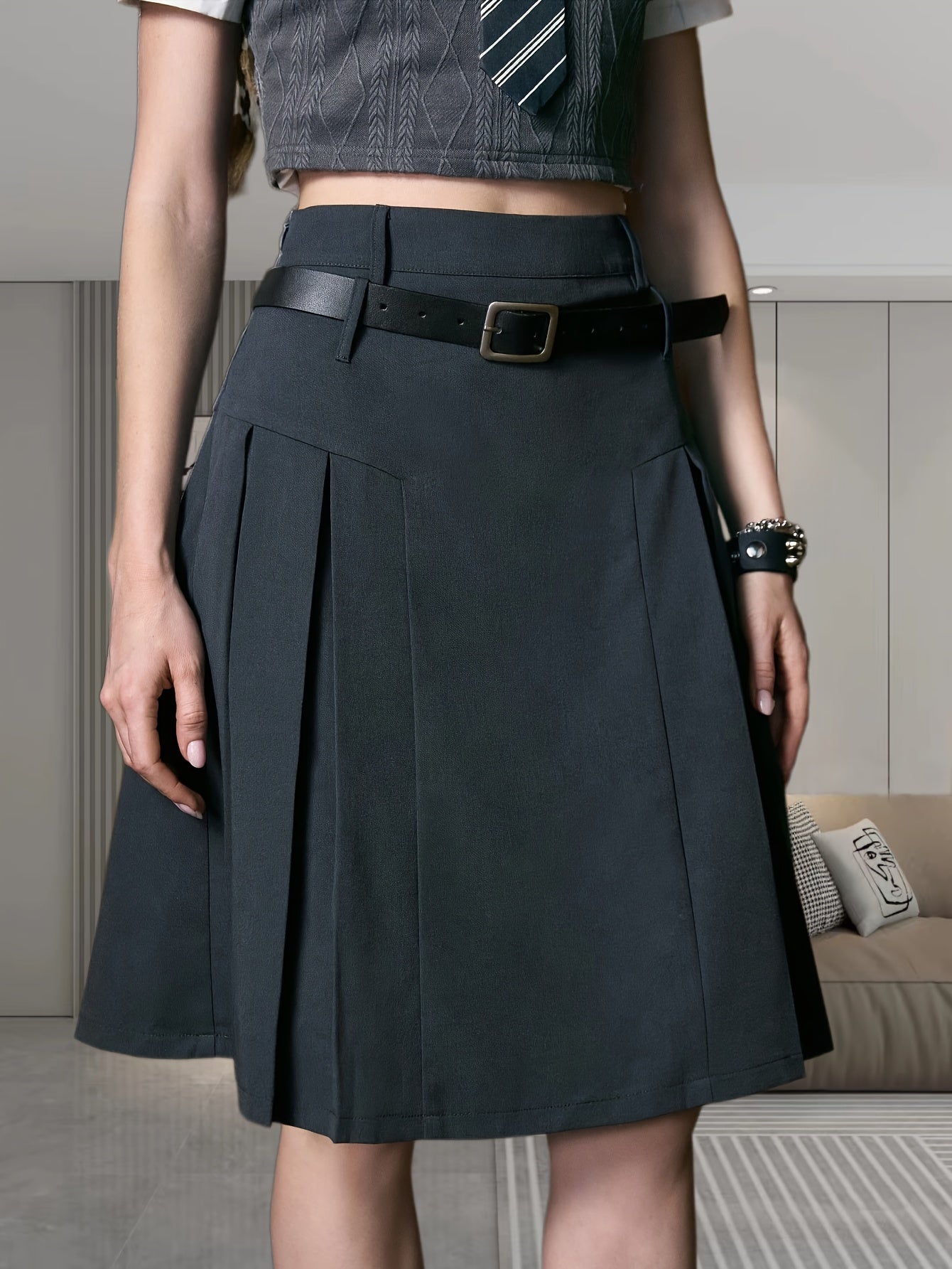 gbolsos Solid High Waist Pleated Skirt, Casual Knee Length Fashion Suit Skirt, Women's Clothing