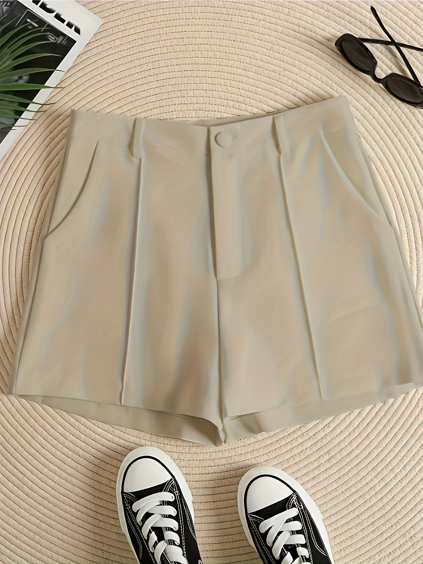 gbolsos Solid Color High Waist Shorts, Casual Zipper Front Shorts For Spring & Summer, Women's Clothing