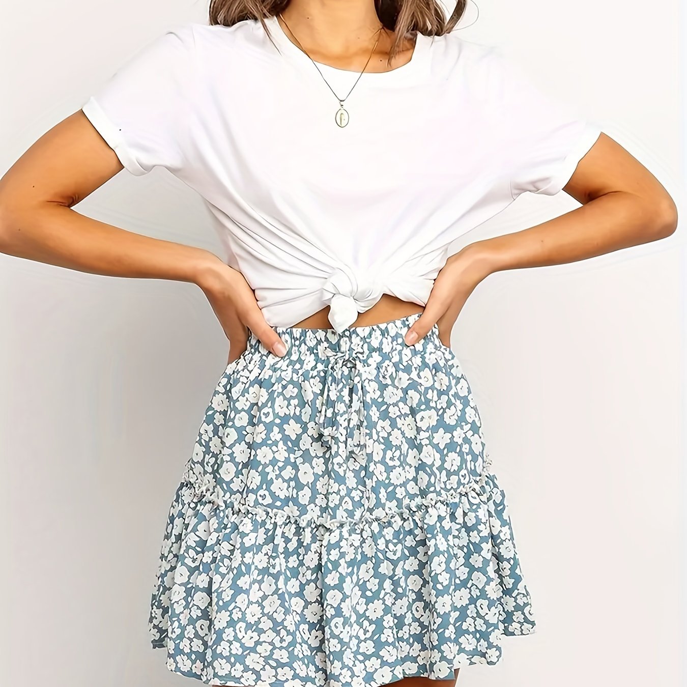 gbolsos Floral Print Ruffle Trim Skirt, Boho Drawstring Skirt For Spring & Summer, Women's Clothing