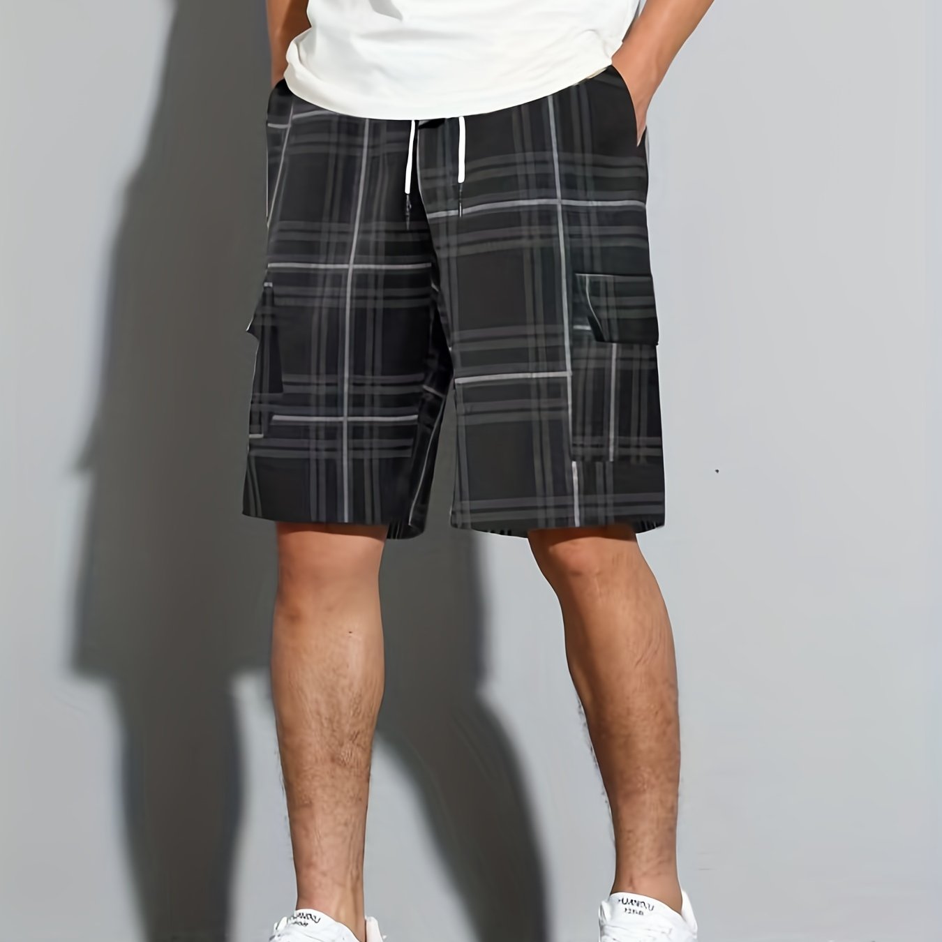 gbolsos Casual Plaid Side Pockets Drawstring Beach Shorts, Men's Cargo Shorts For Summer Outdoor