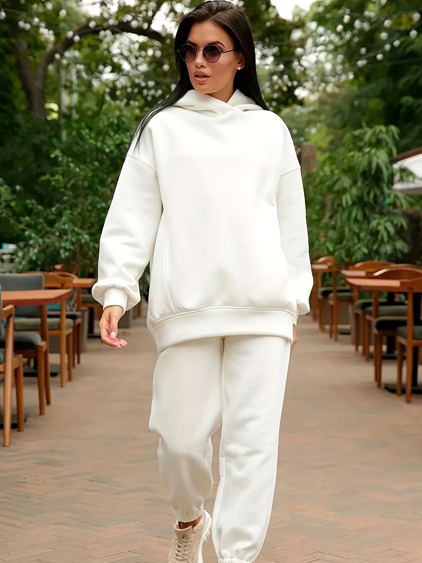 gbolsos Casual Sporty Two-piece Set, Pocket Hoodie Sweatshirt & Elastic High Waist Sweatpants Outfits, Women's Clothing