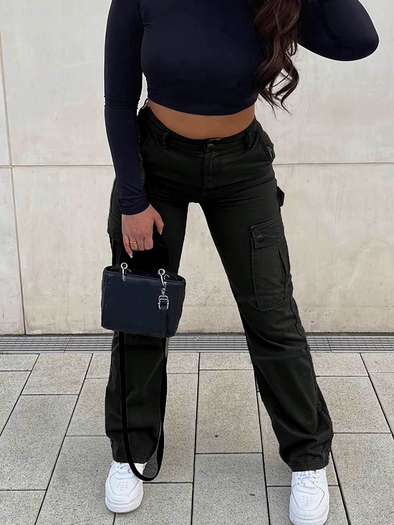 gbolsos Plain Side Flap Pocket Cargo Jeans, Loose Fit High Rise Streetwear Denim Pants, Women's Denim Jeans & Clothing
