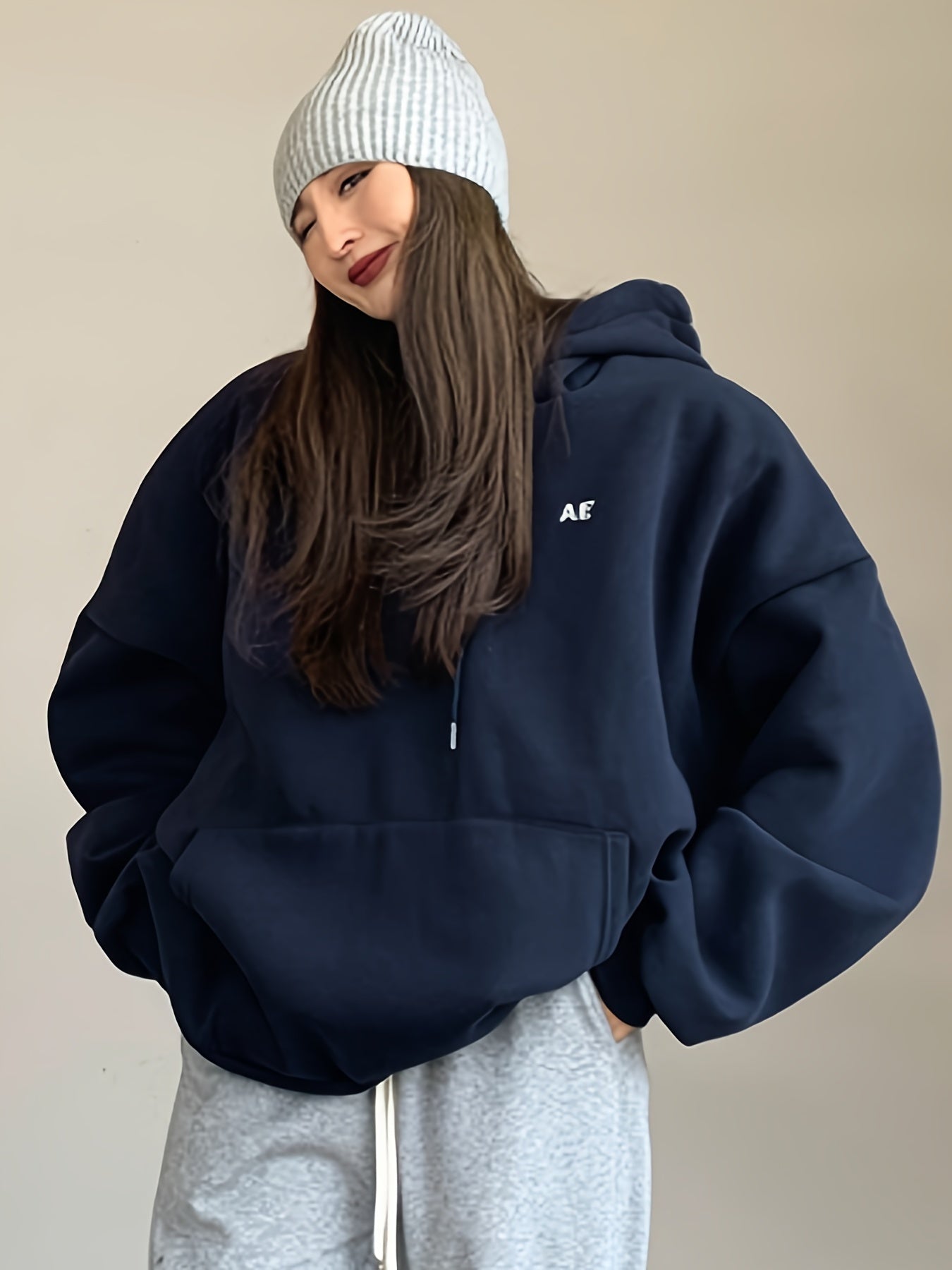 gbolsos Letter Print Drawstring Hoodie, Casual Long Sleeve Kangaroo Pocket Hoodie Sweatshirt, Women's Clothing