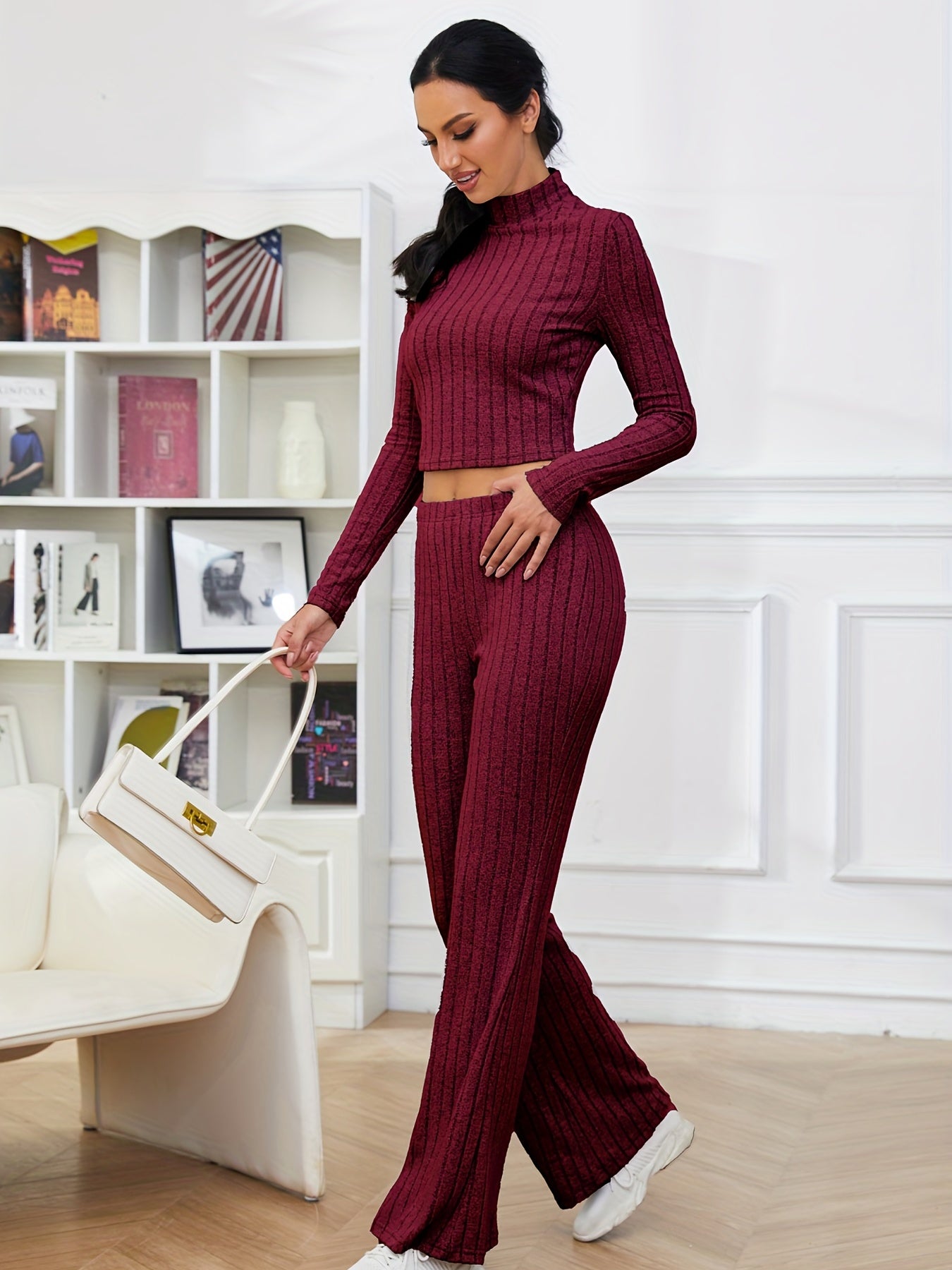 gbolsos Solid Ribbed Two-piece Set, High Neck Long Sleeve Tops & High Waist Flared Leg Pants Outfits, Women's Clothing