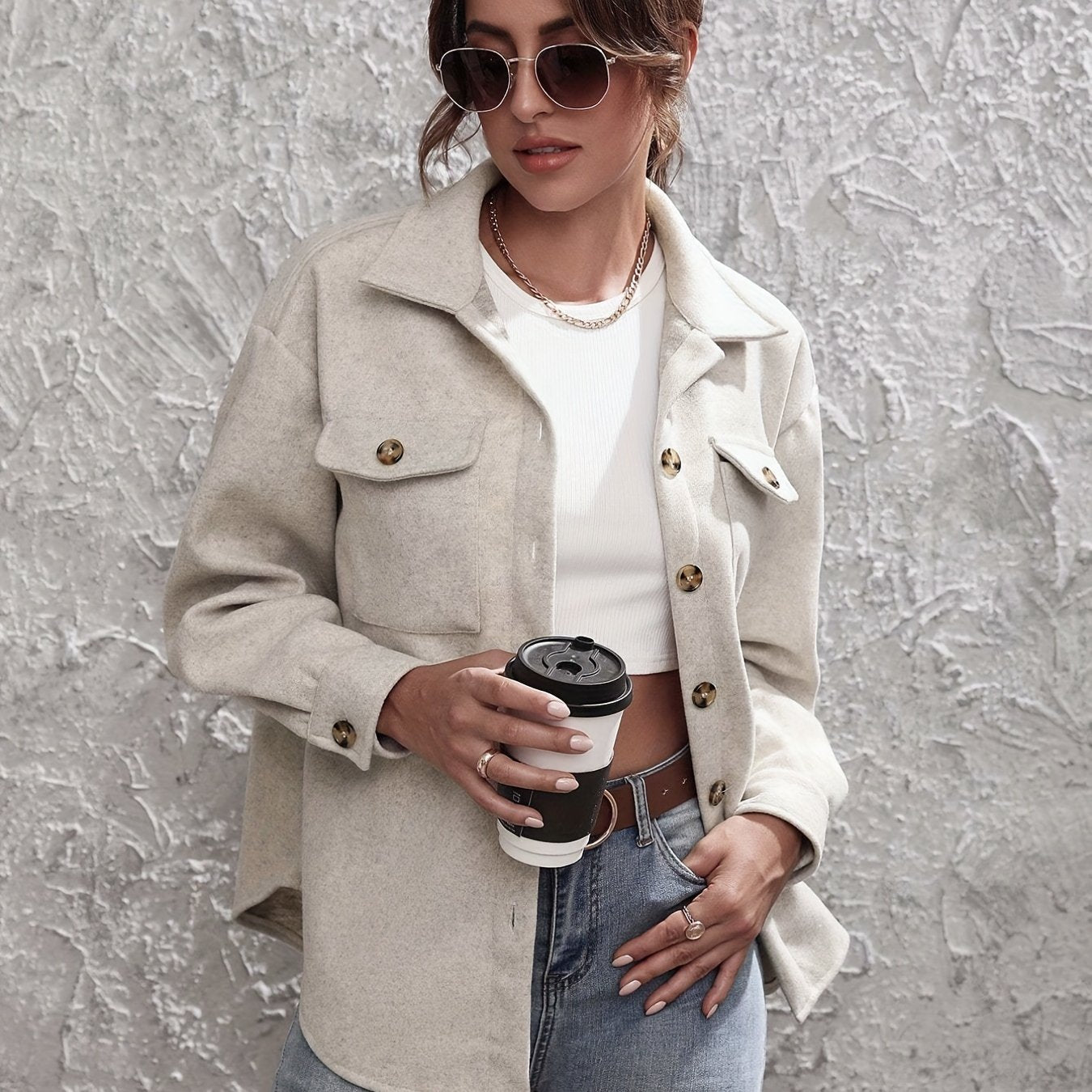 gbolsos Solid Simple Shacket Jacket, Casual Button Front Long Sleeve Outerwear, Women's Clothing