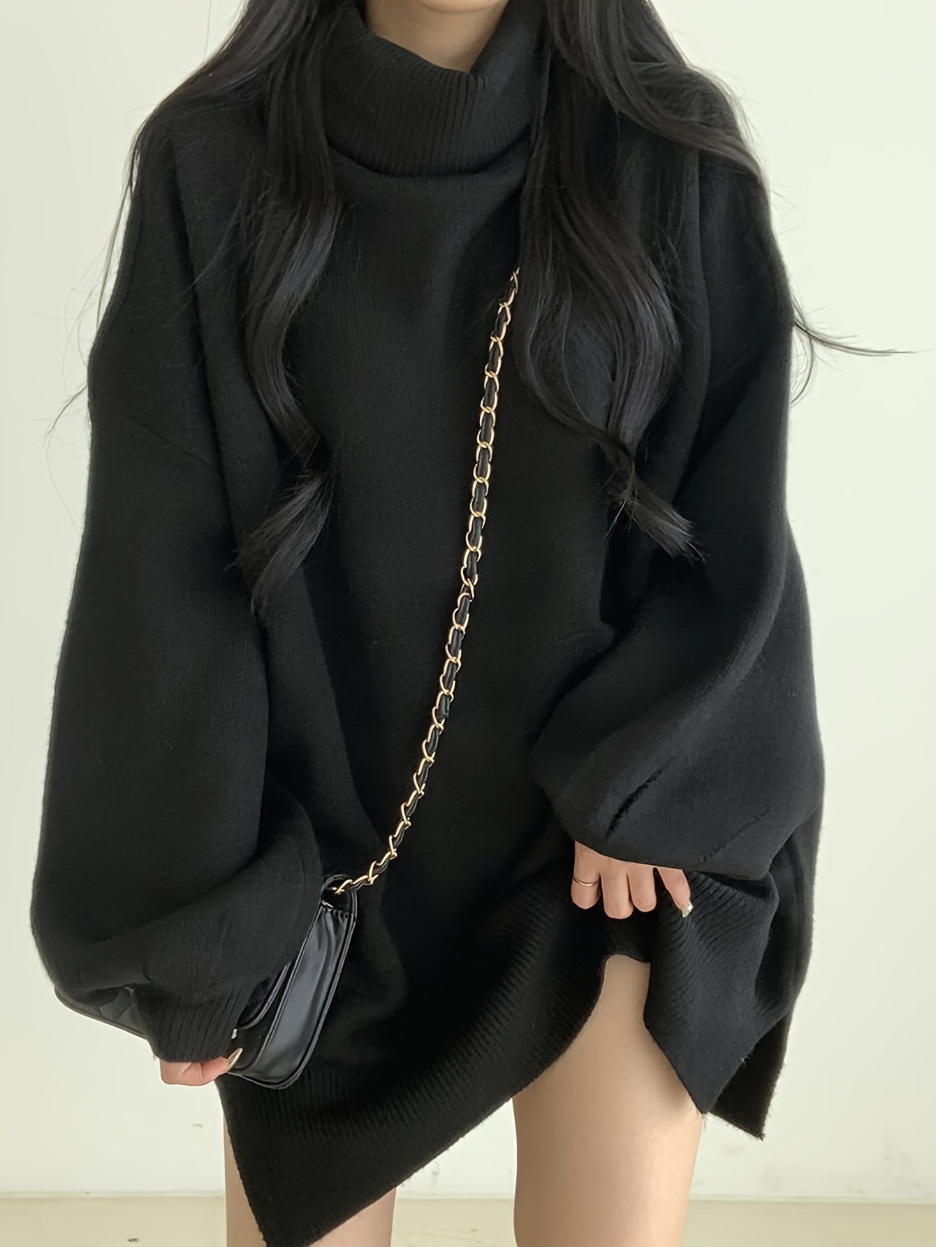 gbolsos Solid Turtle Neck Pullover Sweater, Casual Lantern Sleeve Split Oversized Sweater, Women's Clothing