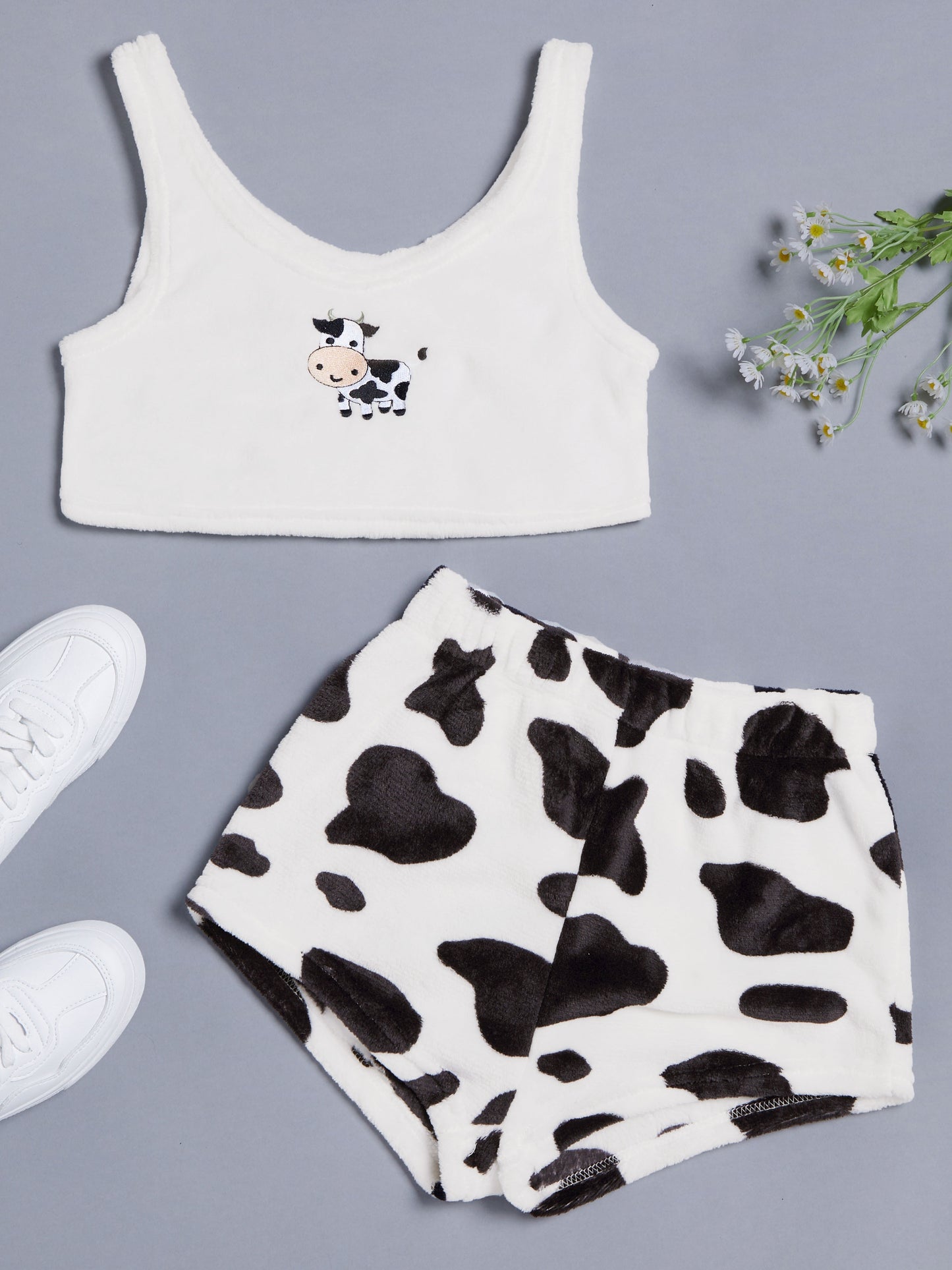 Fluffy Comfortable Pajamas Set, Crop Tank Sleeveless Top & Comfortable Shorts Loungewear Set For Valentine's Gifts, Women's Loungewear & Sleepwear