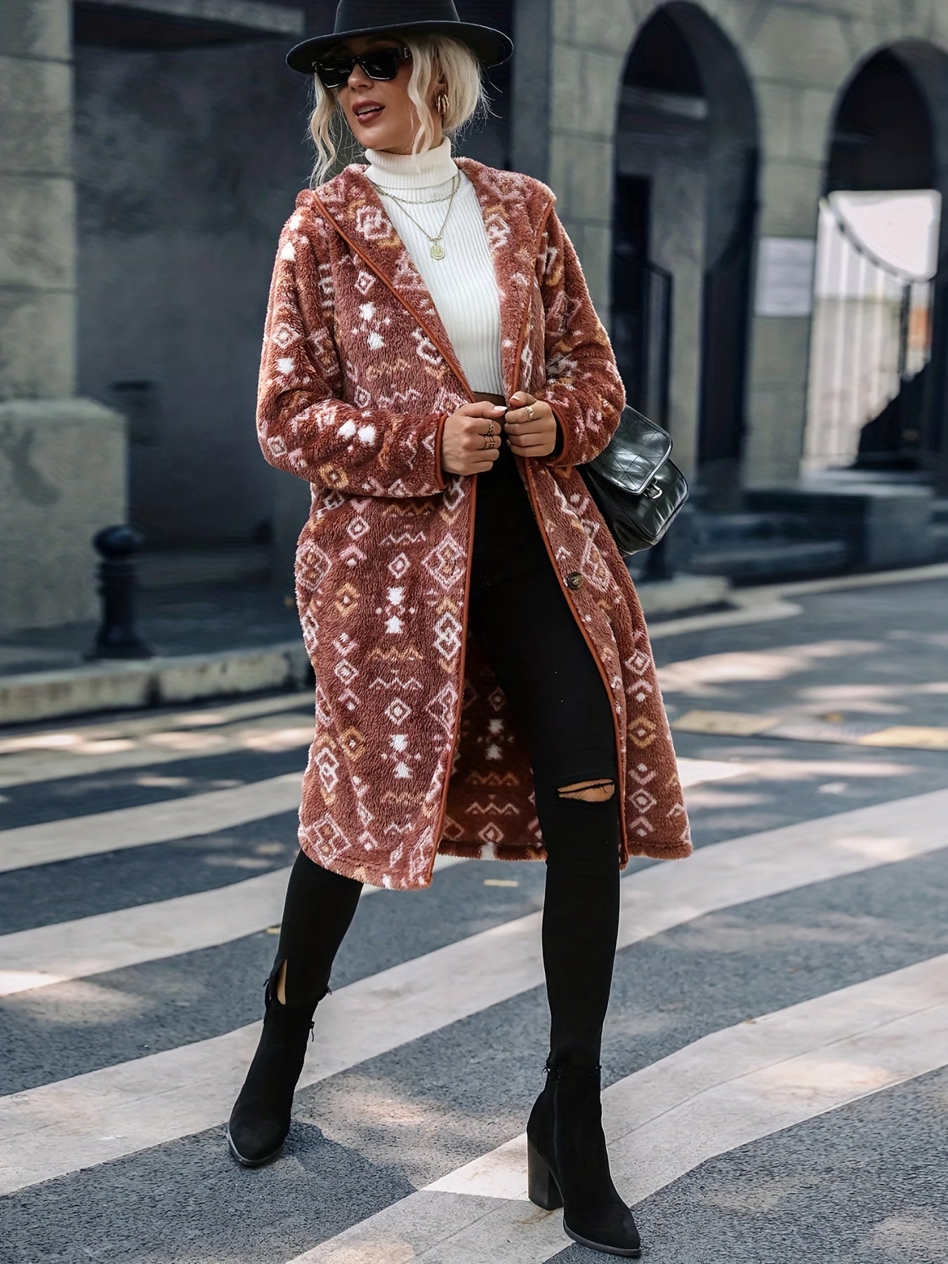 solvbao Plus Size Elegant Trench Coat, Women's Plus Argyle Print Teddy Fleece Long Sleeve Hoodie Slight Stretch Longline Trench Coat