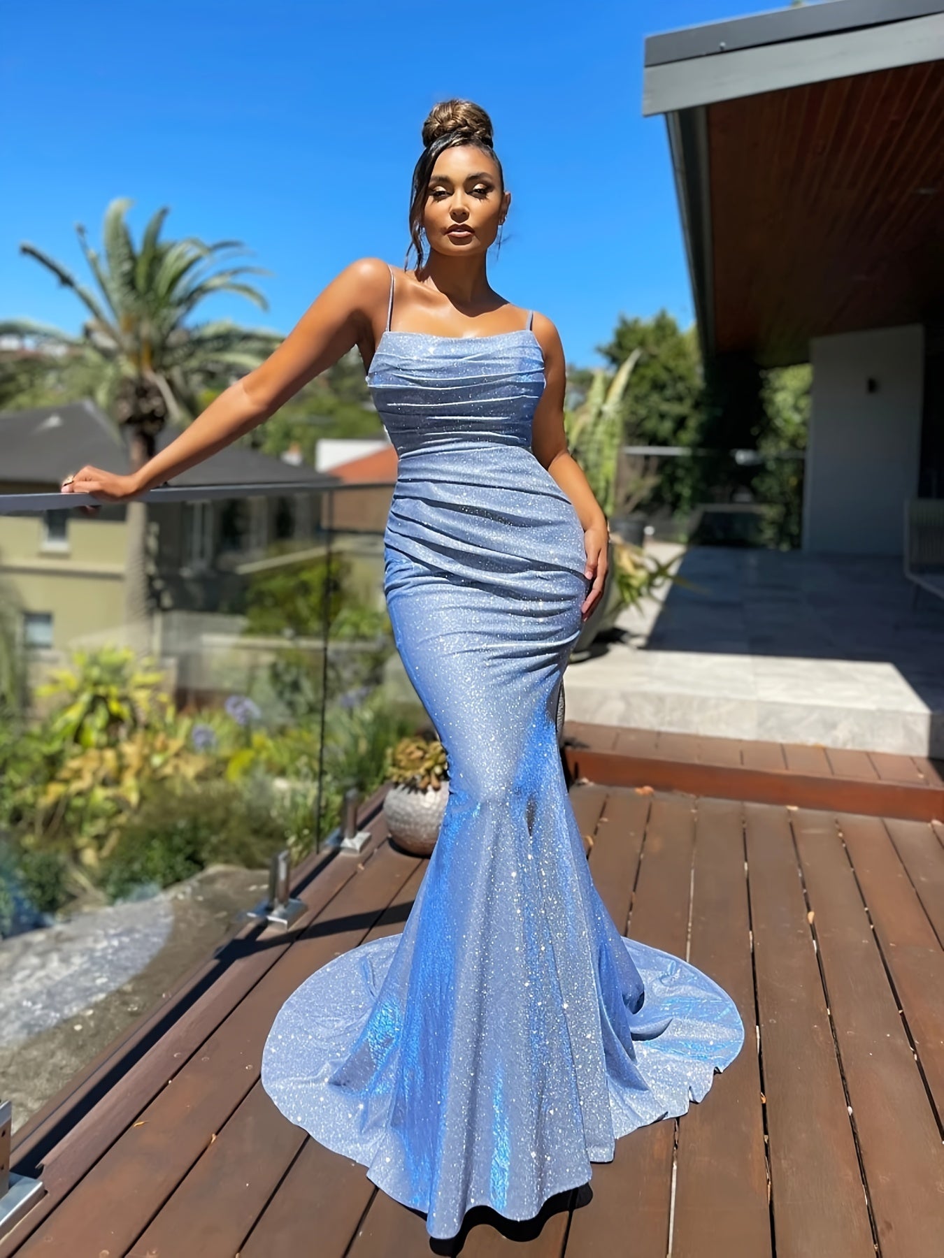 gbolsos Glitter Sequin Slip Sleeveless Backless Maxi Dress, Slim Elegant Ruffled Cocktail Party Guest Evening Gown Mermaid Dress, Women's Clothing