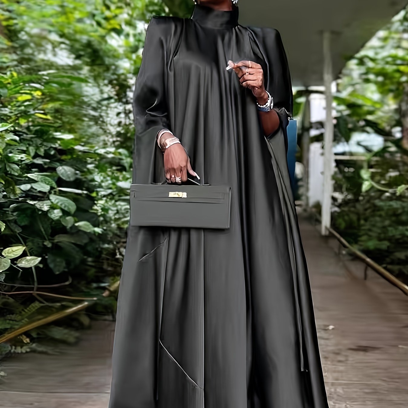 Plus Size Elegant Abaya Dress, Women's Plus Satin Bat Sleeve Mock Neck Maxi Muslim Caftan Dress