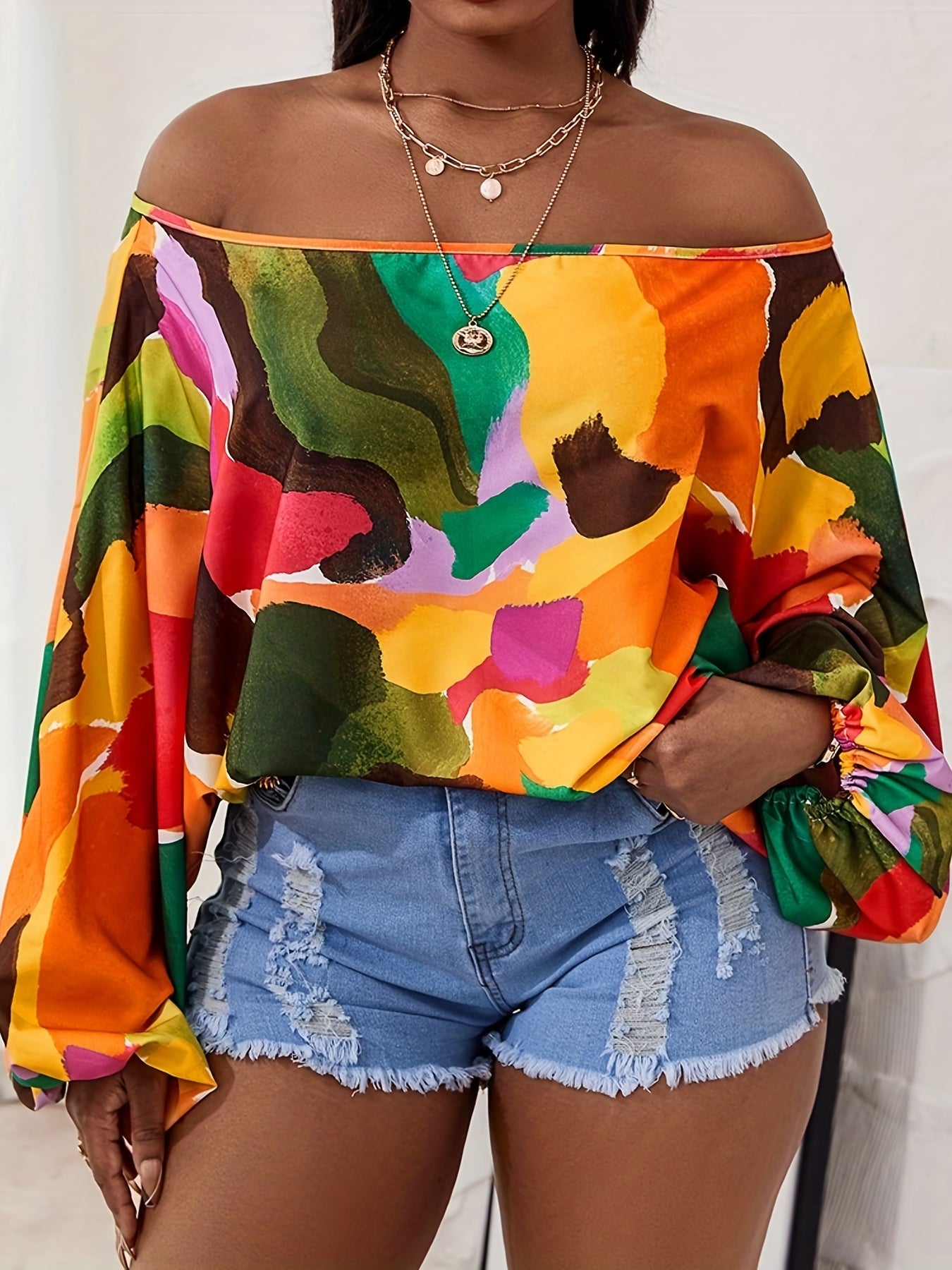 gbolsos Colorful Print Off Shoulder Top, Casual Long Lantern Sleeve T-Shirt For Spring & Fall, Women's Clothing