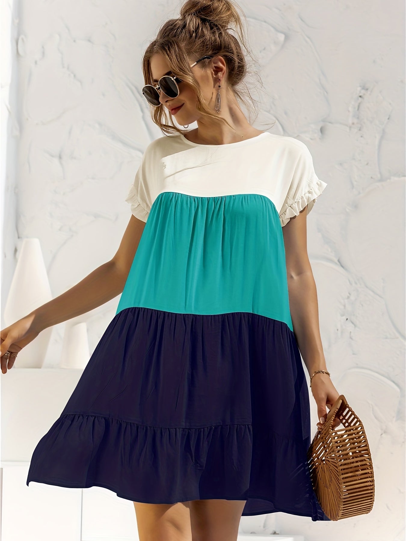 Color Block Ruffle Hem Dress, Casual Crew Neck Short Sleeve Dress, Women's Clothing