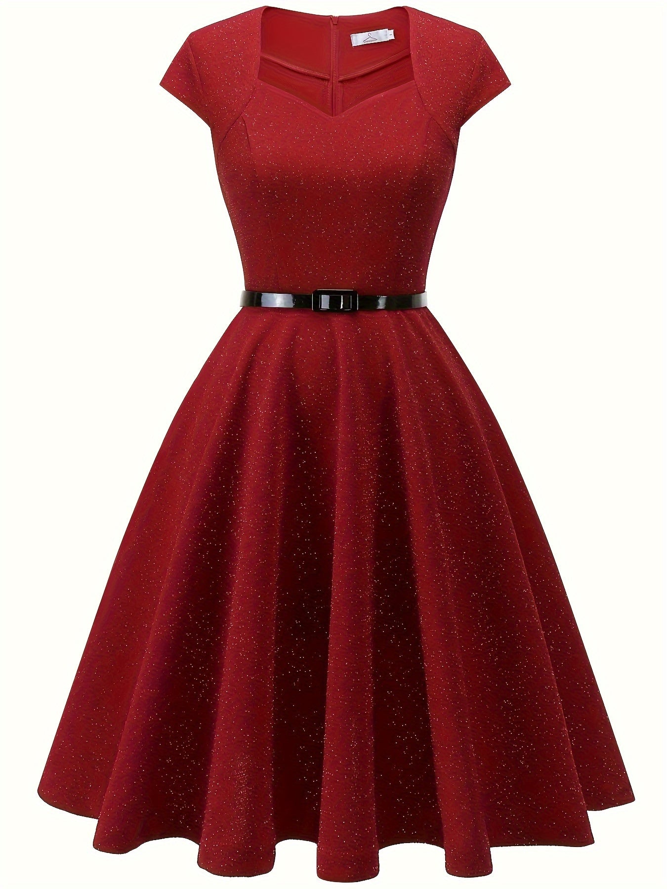 gbolsos Solid Color Cap Sleeve Dress, Vintage V Neck A-line Flare Dress, Women's Clothing
