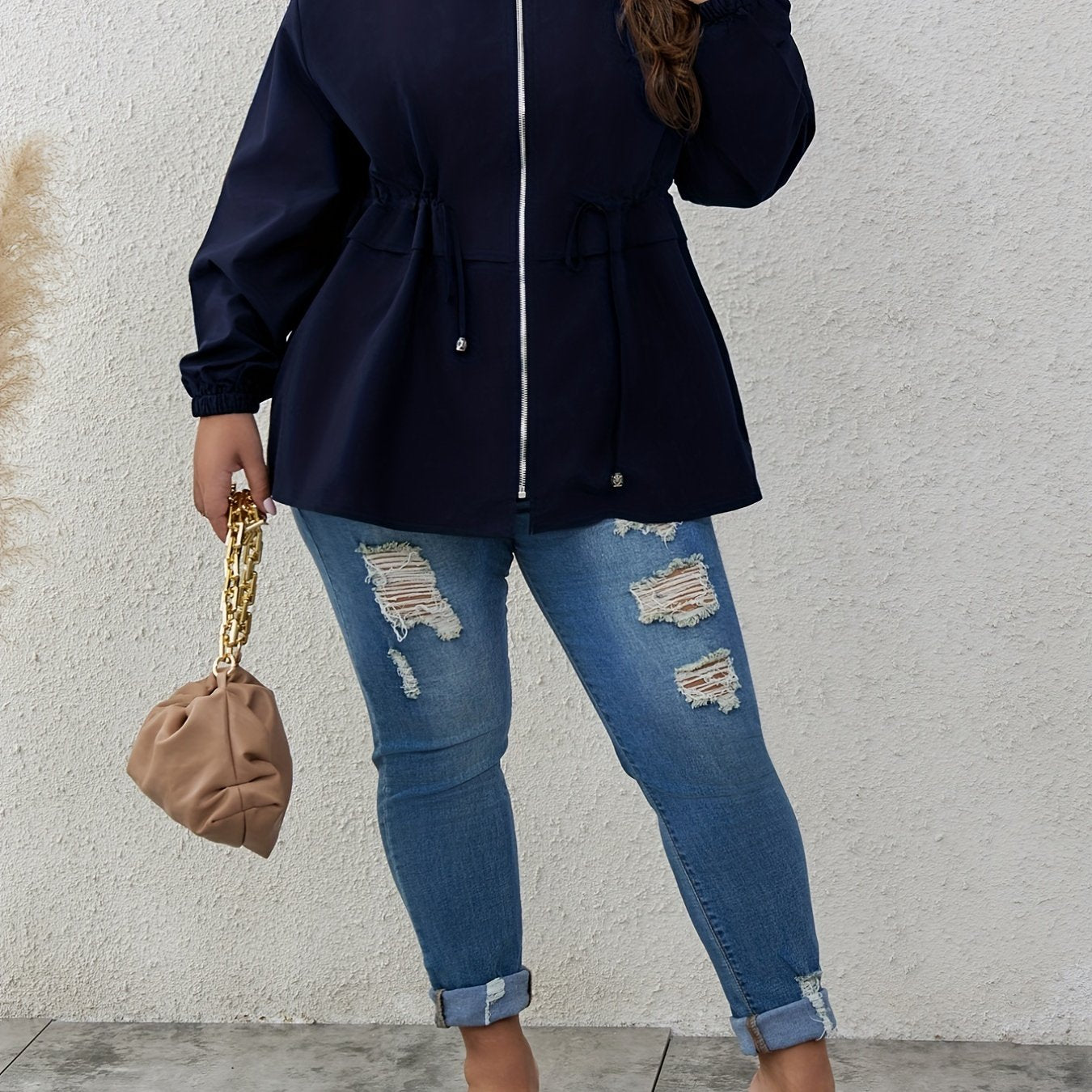 Plus Size Casual Coat, Women's Plus Solid Lettuce Trim Long Sleeve Drawstring Zipper Coat