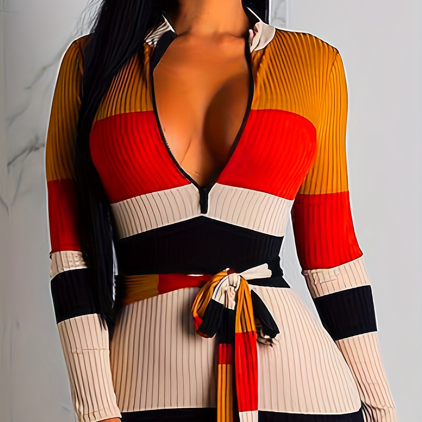 gbolsos Color Block Long Sleeve Zipper Dress, Ribbed Knit Tie-waist Mock Neck Dress For Spring & Fall, Women's Clothing