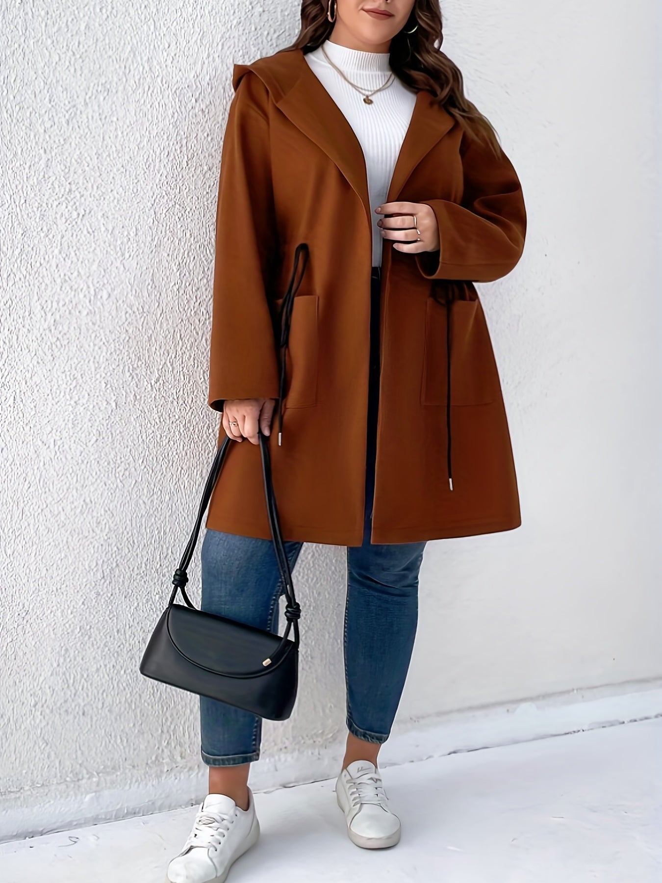 Plus Size Casual Coat, Women's Plus Solid Long Sleeve Drawstring Hooded Coat With Pockets