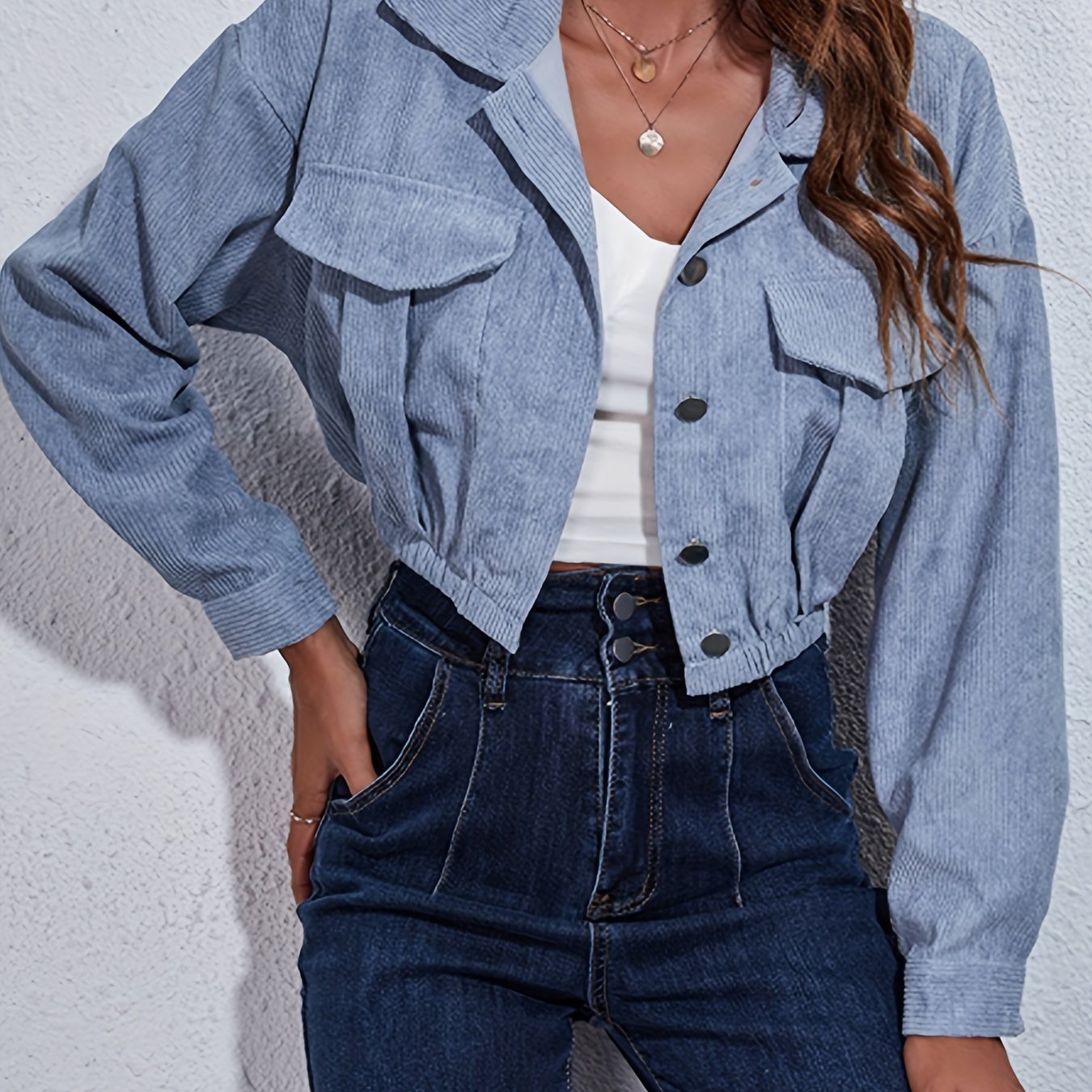 gbolsos Women's Stylish Crop Solid Jacket, Button Down Long Sleeve Jacket, Outerwear For Fall & Winter, Women's Clothing