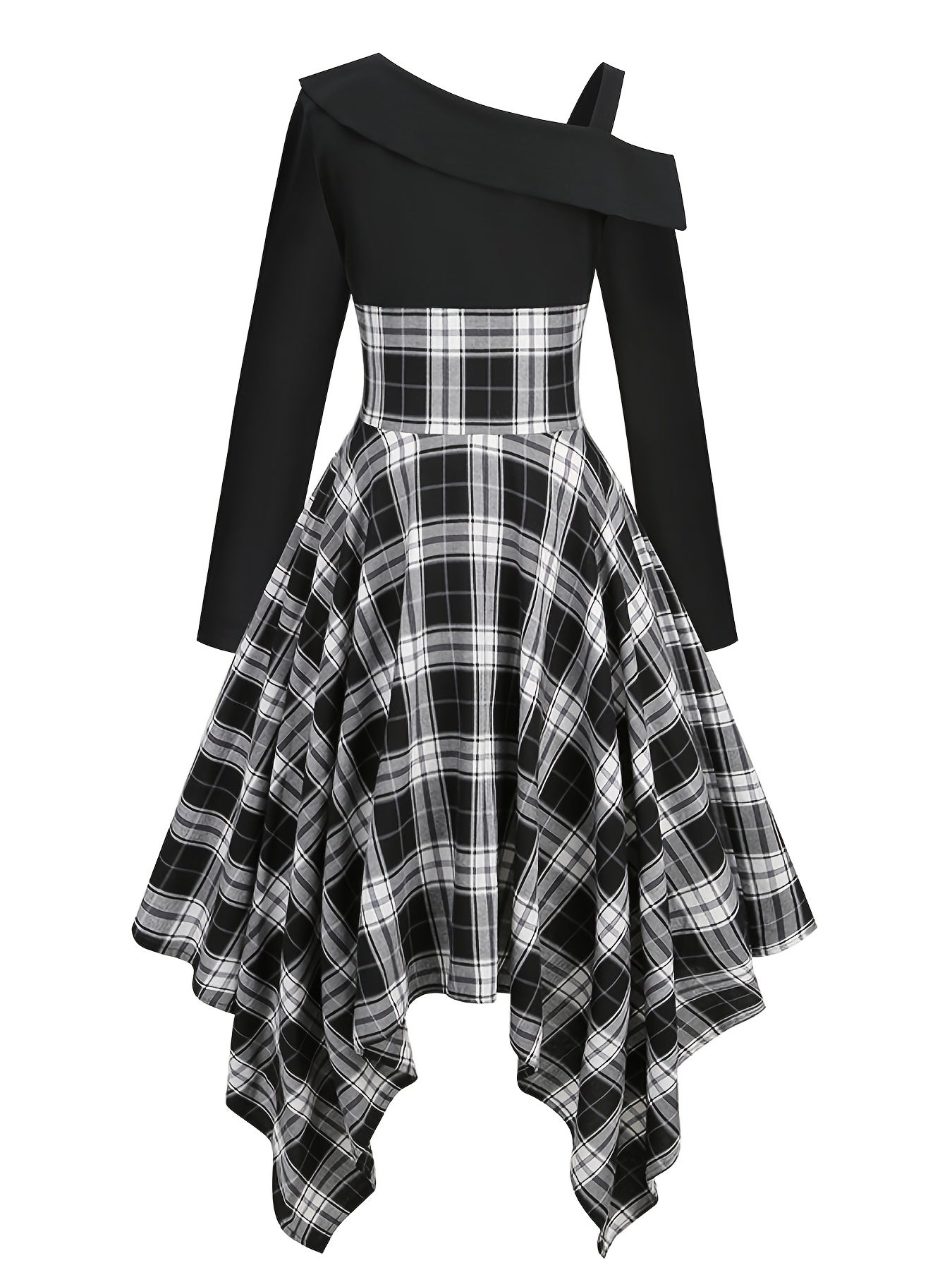 gbolsos Plaid Asymmetrical Hem Dress, Vintage Cold Shoulder Long Sleeve Dress, Women's Clothing