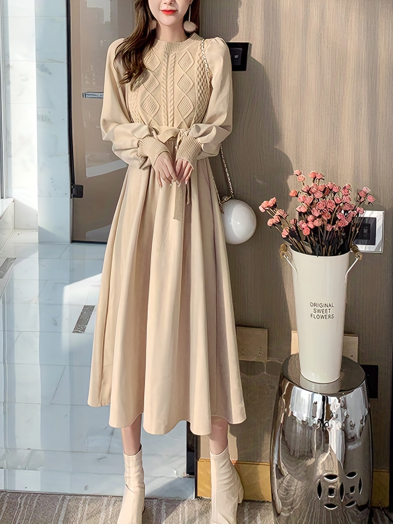 gbolsos Solid Knitted Dress, Elegant Crew Neck Long Sleeve Dress, Women's Clothing