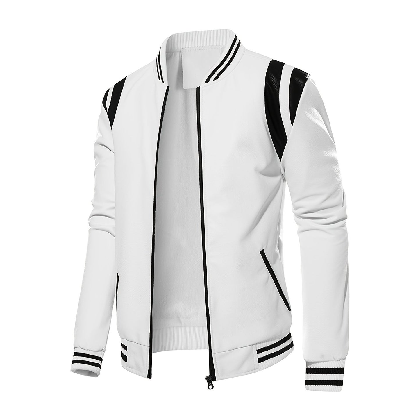 gbolsos Chic Color Block PU Jacket, Men's Casual Baseball Collar Faux Leather Biker Jacket
