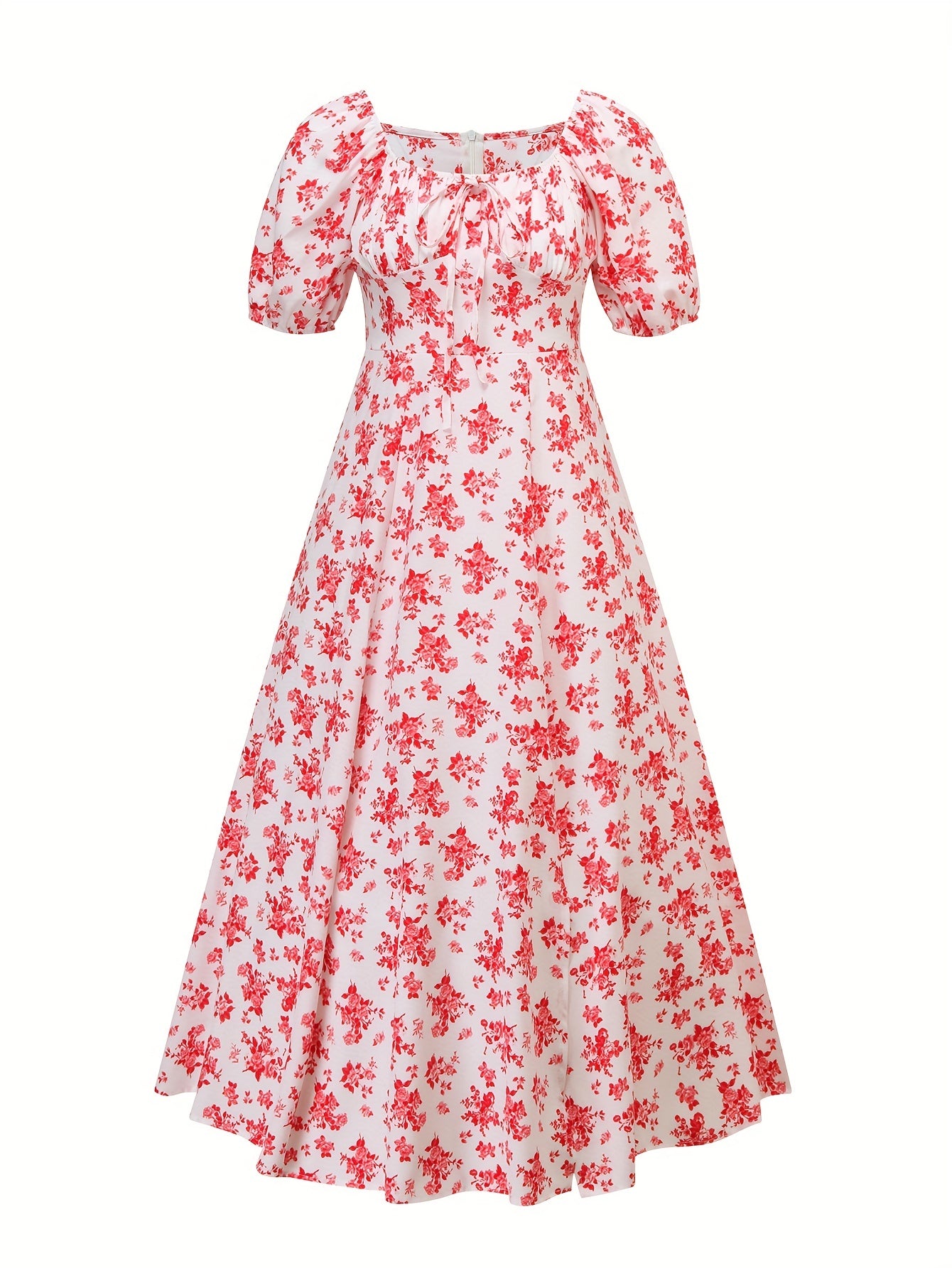 Floral Print Squared Neck Dress, Boho Puff Sleeve Split Thigh Maxi Dress, Women's Clothing