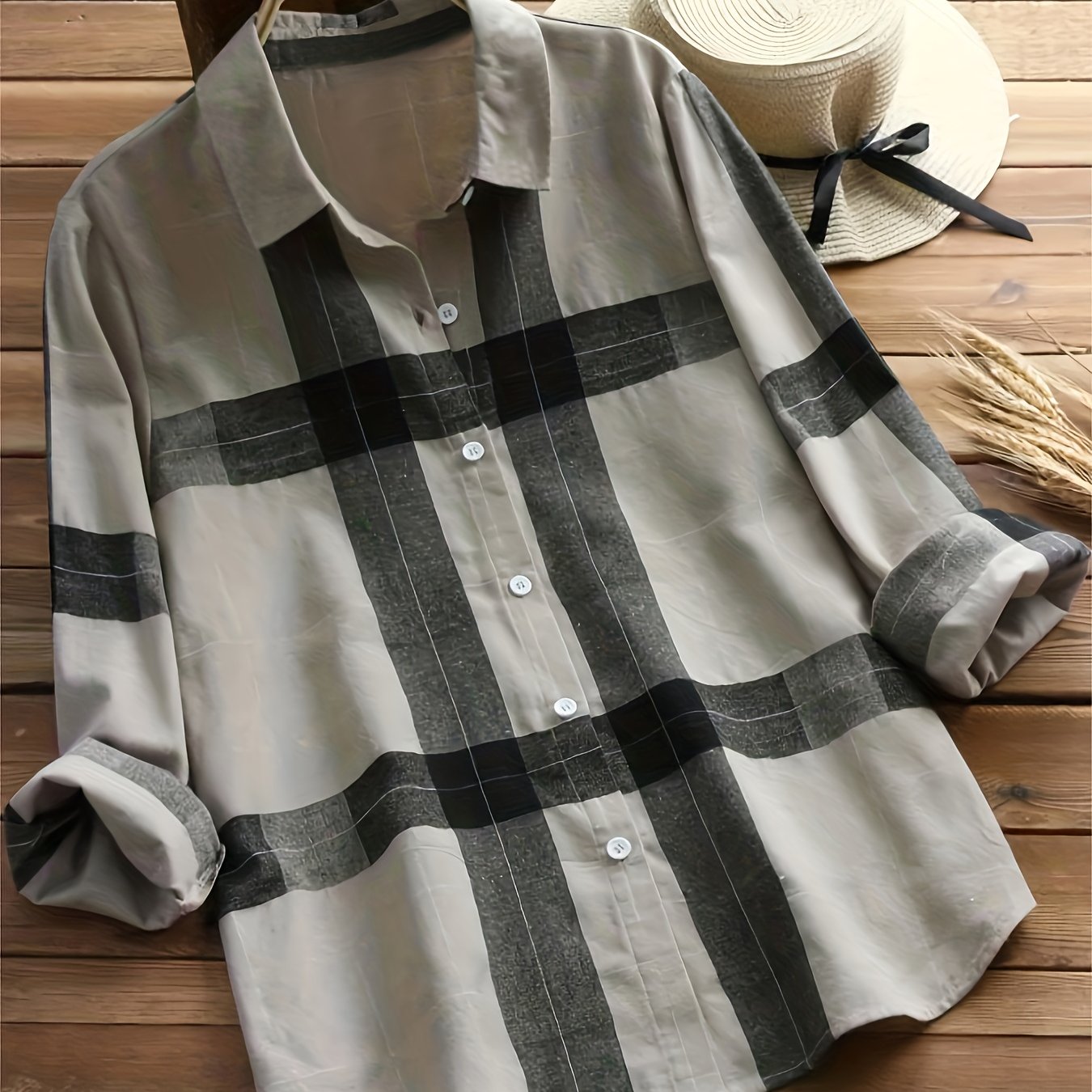 Plaid Print Shirt, Casual Button Front Long Sleeve Collar Shirt, Women's Clothing