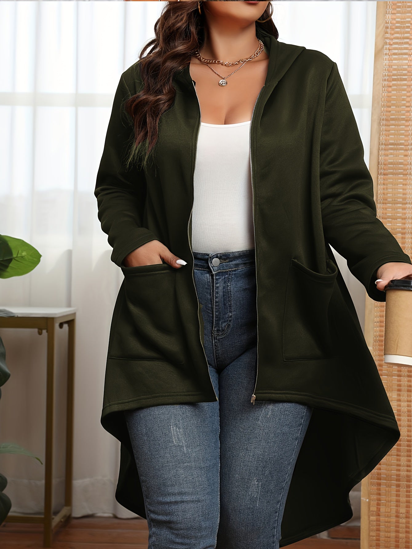 Plus Size Casual Coat, Women's Plus Solid Zip Up Long Sleeve Asymmetrical Hem Hooded Tunic Coat With Pockets