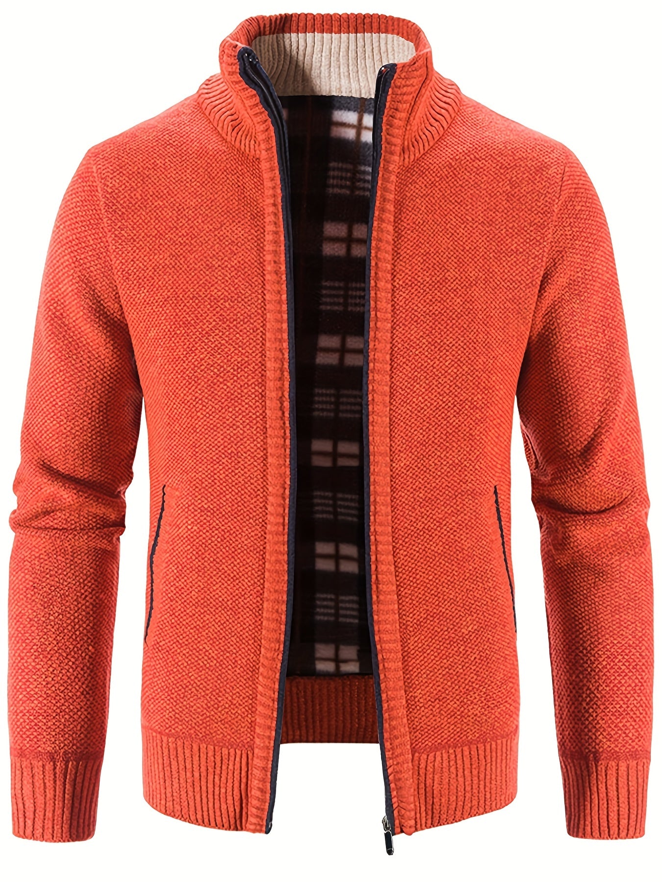 gbolsos Warm Stand Collar Fleece Jacket, Men's Semi-formal Comfortable Solid Color Zip Up Knitted Cardigan For Spring Fall